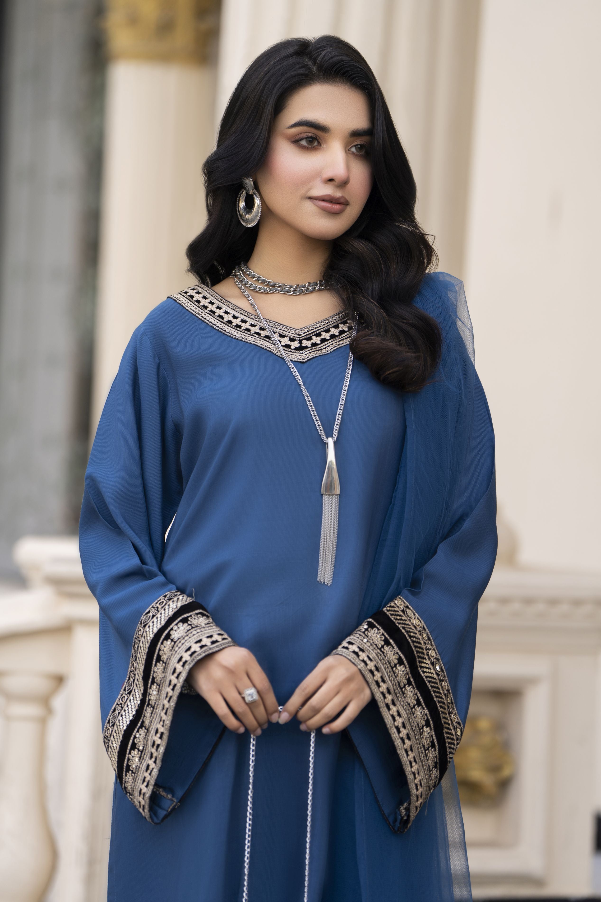 Aleezay Evara 3pc Raw Silk with Velvet Embroidery Ready to Wear Suit EZ9