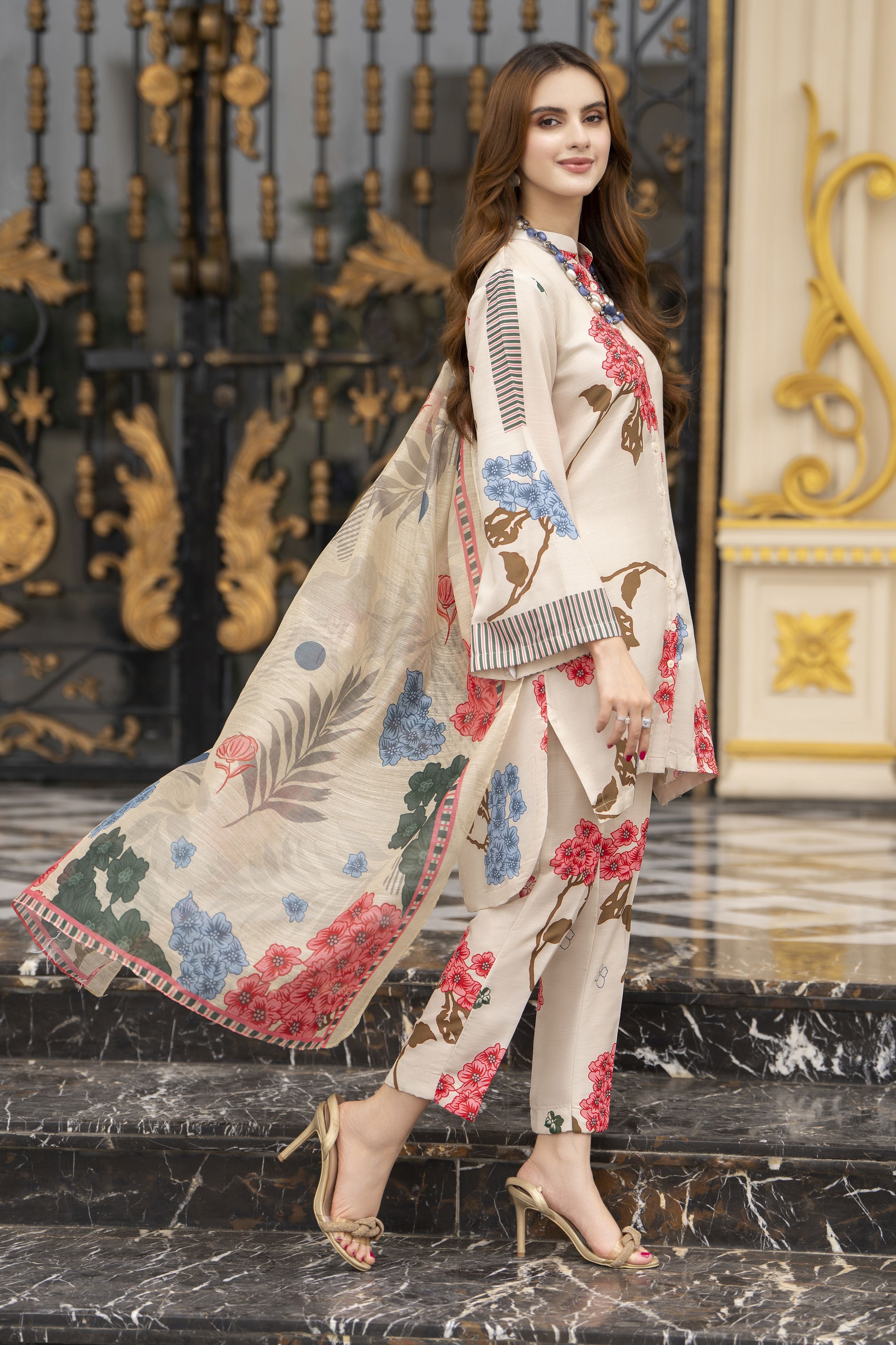 Daily Drapes by Mona – 3pc Printed Raw Silk Co-ord Suit DDR1