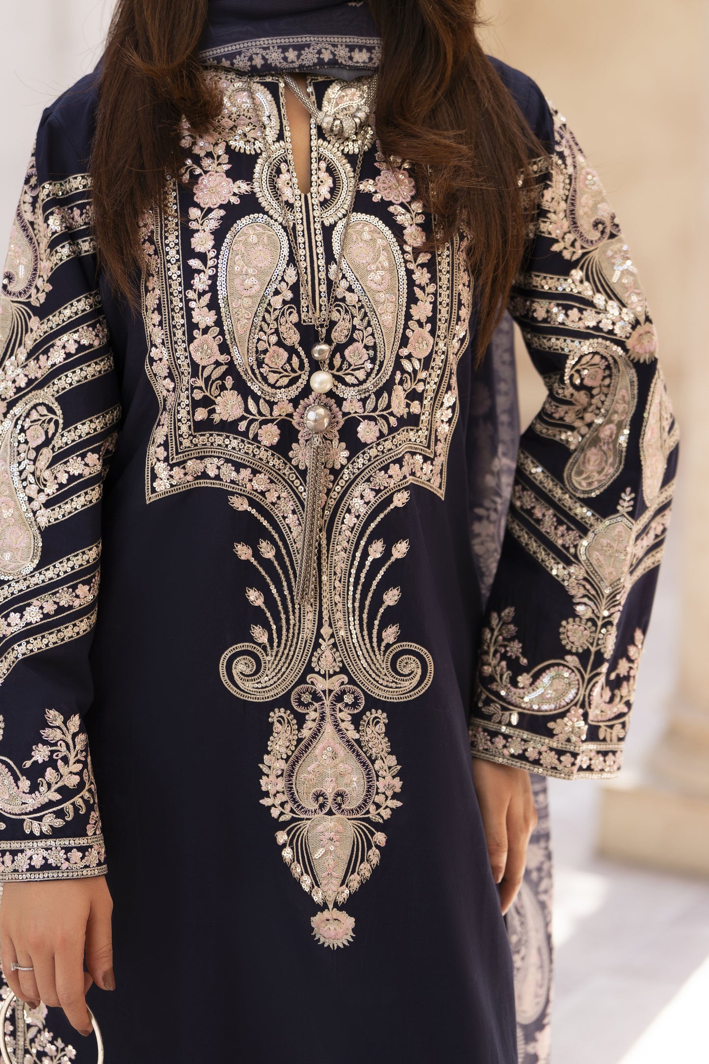 Zaiwa Sway11 3pc Navy Sequin Embroidered Lawn Suit with Monar Dupatta