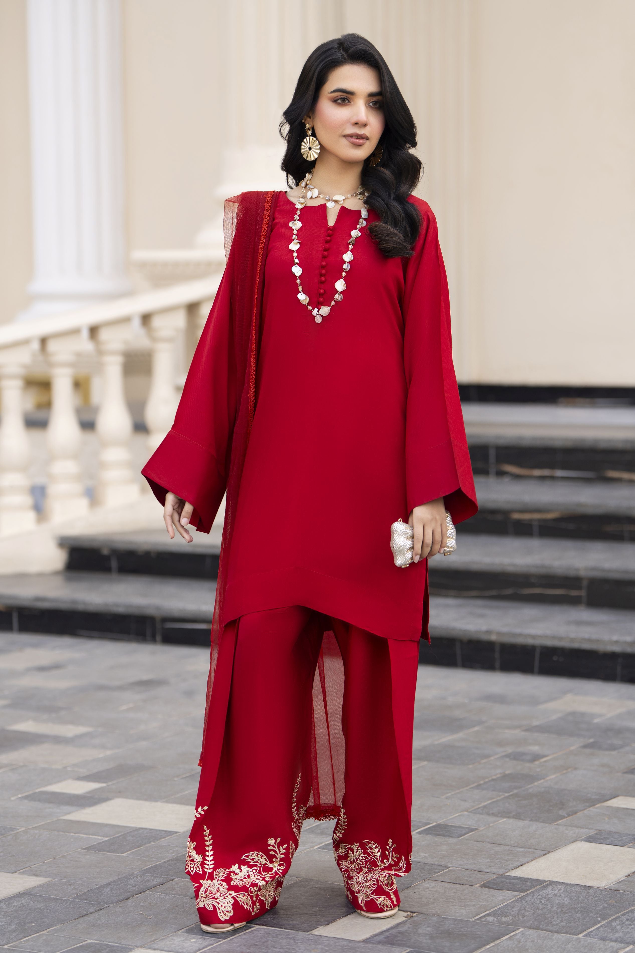 Aleezay Evara 3pc Raw Silk Solid Shirt with Embroidered Farshi Shalwar EZ2