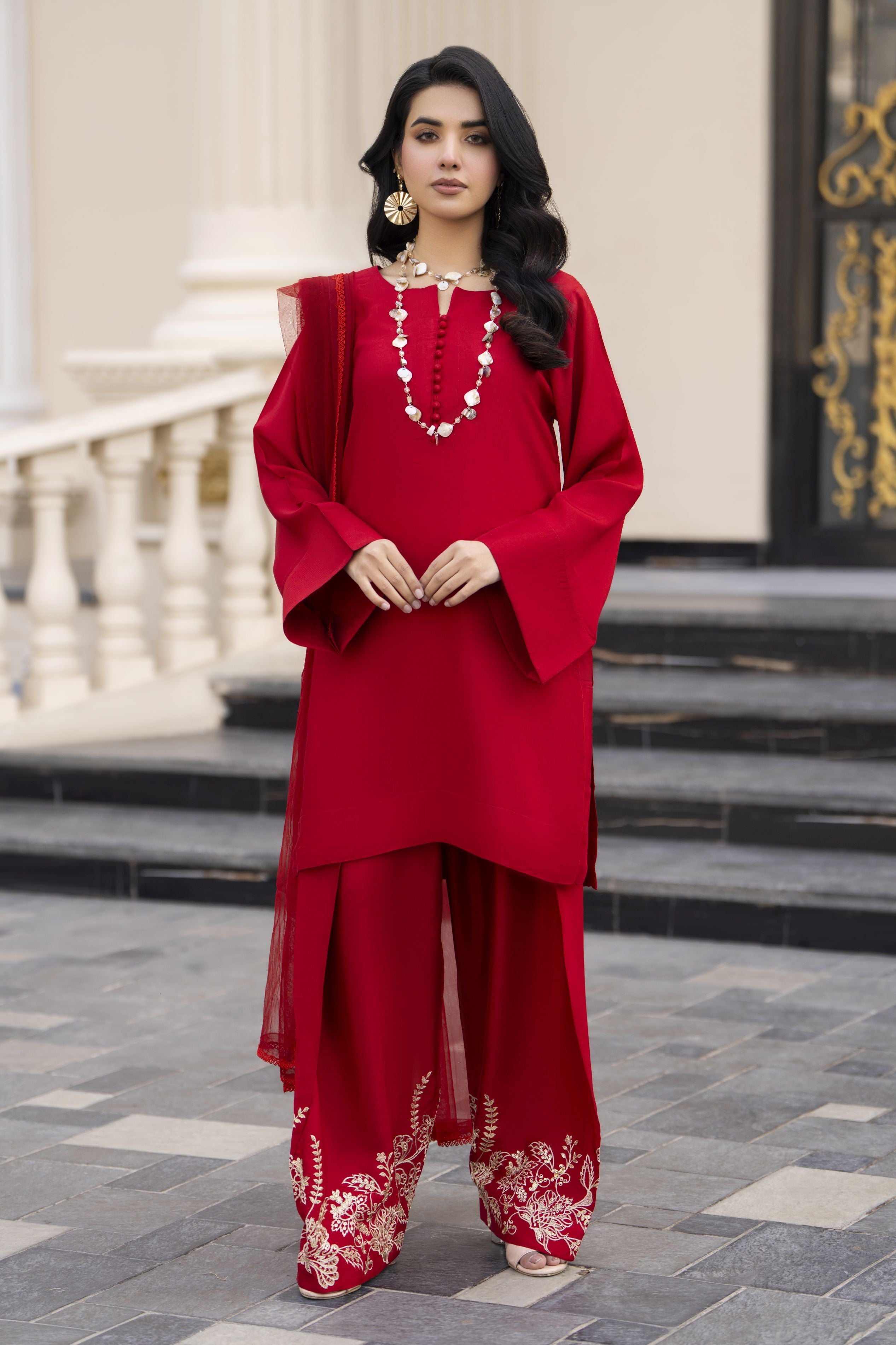 Aleezay Evara 3pc Raw Silk Solid Shirt with Embroidered Farshi Shalwar EZ2