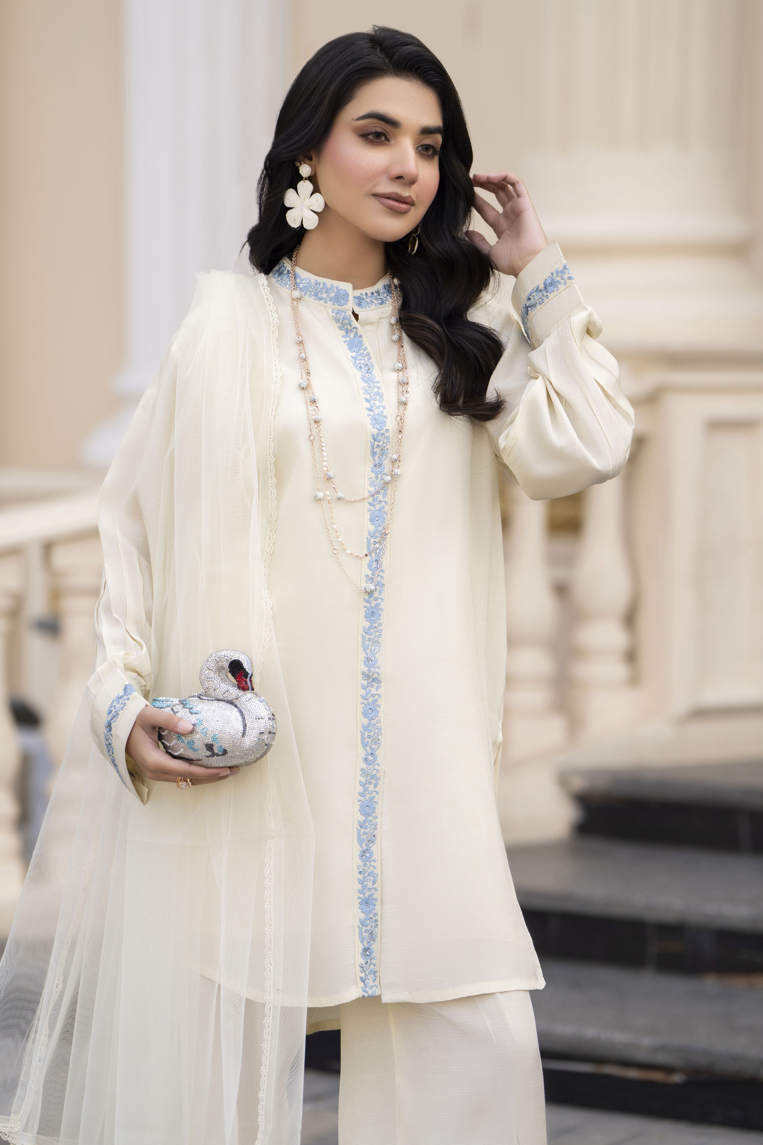 Aleezay Evara 3pc Raw Silk Embroidered Ready to Wear Designer Suit EZ1