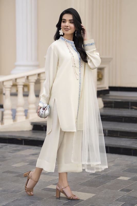 Aleezay Evara 3pc Raw Silk Embroidered Ready to Wear Designer Suit EZ1