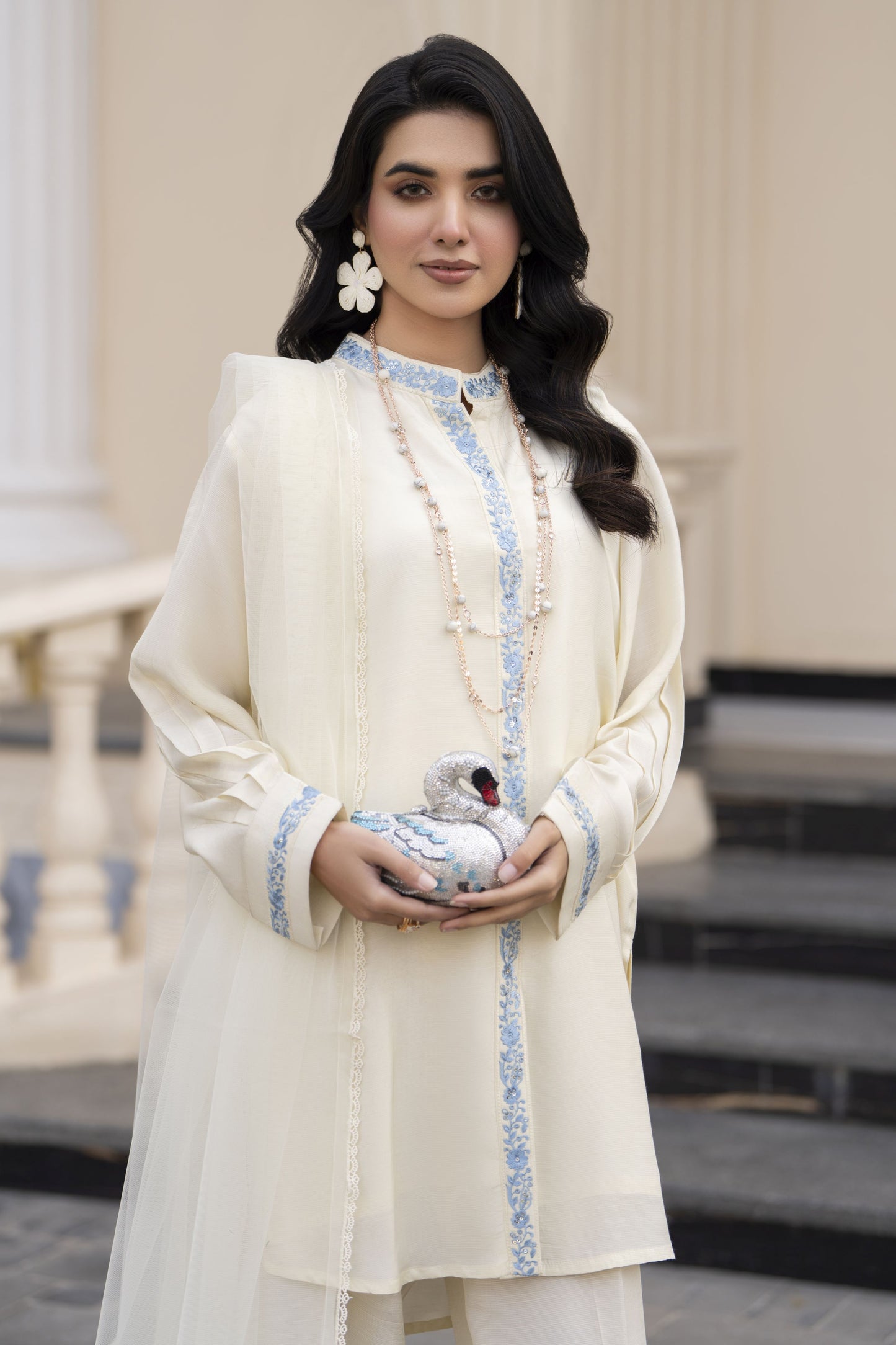 Aleezay Evara 3pc Raw Silk Embroidered Ready to Wear Designer Suit EZ1