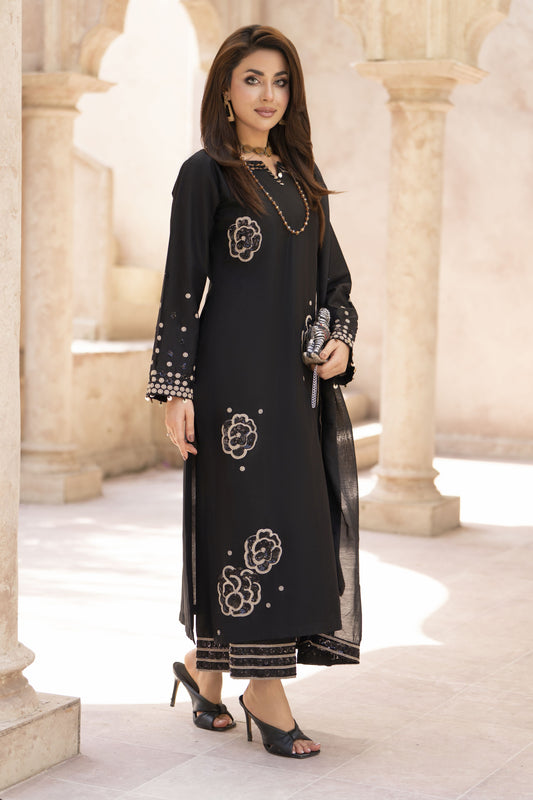 Zaiwa Sway12 3pc Black Sequin Embroidered Lawn Suit with Dupatta