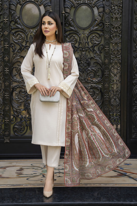 Cream Embroidered Cotton 3pc Women Suit with Dupatta | Baarish by Miski BYM3