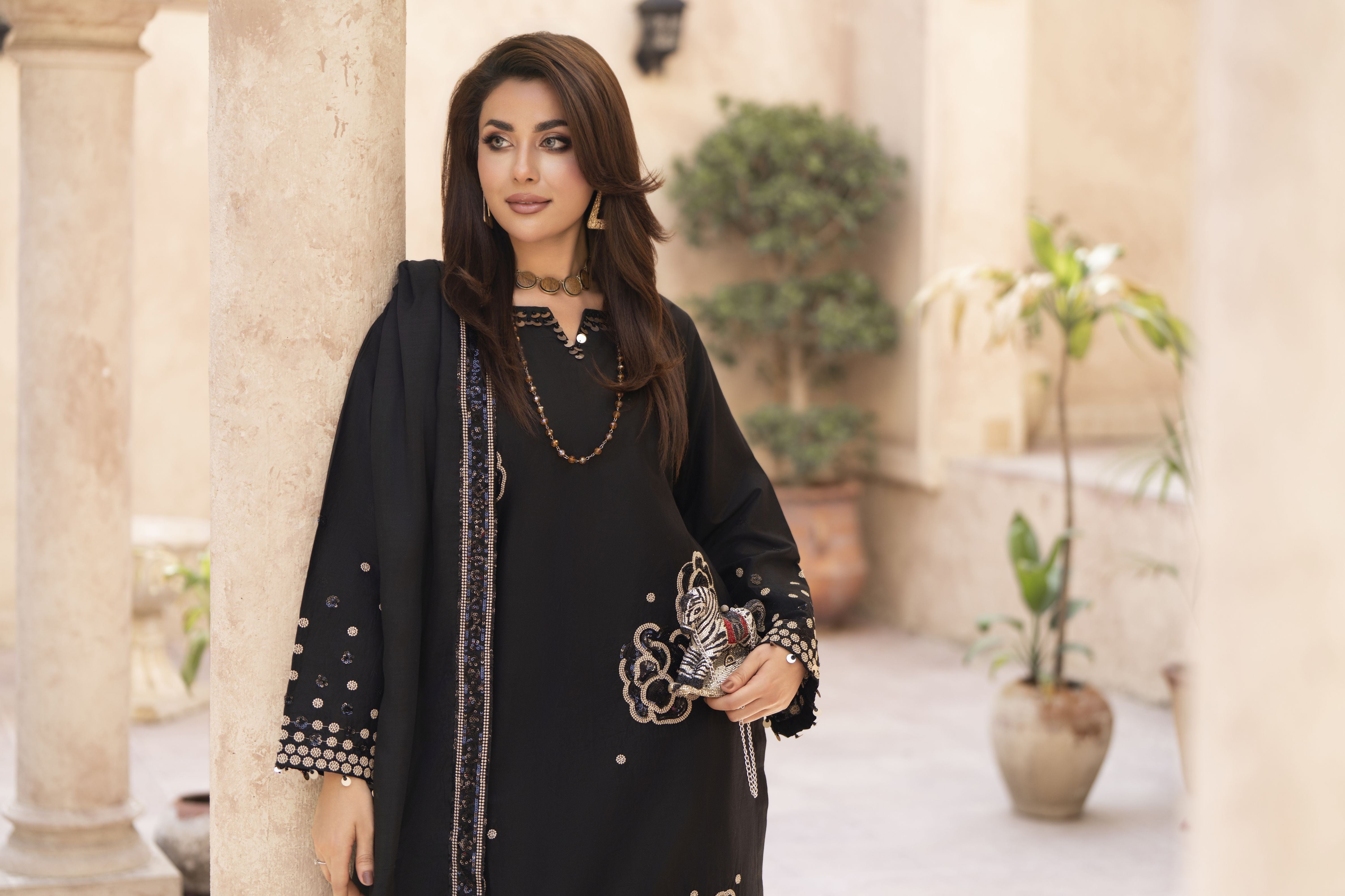 Zaiwa Sway12 3pc Black Sequin Embroidered Lawn Suit with Dupatta
