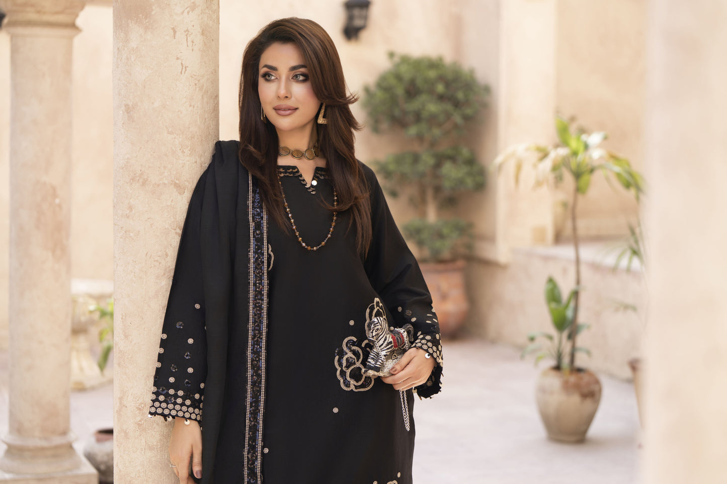 Zaiwa Sway12 3pc Black Sequin Embroidered Lawn Suit with Dupatta