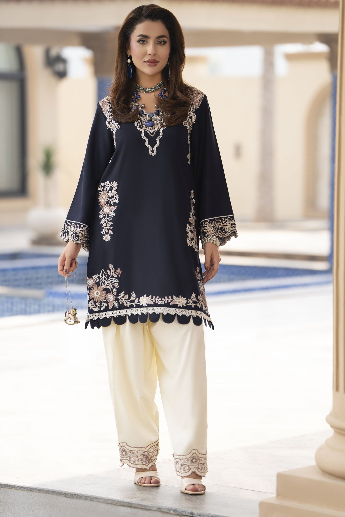 ZWM5 Zimal Winter Muse Navy Blue and Ivory Embroidered Dhanak 2pc Ready to Wear