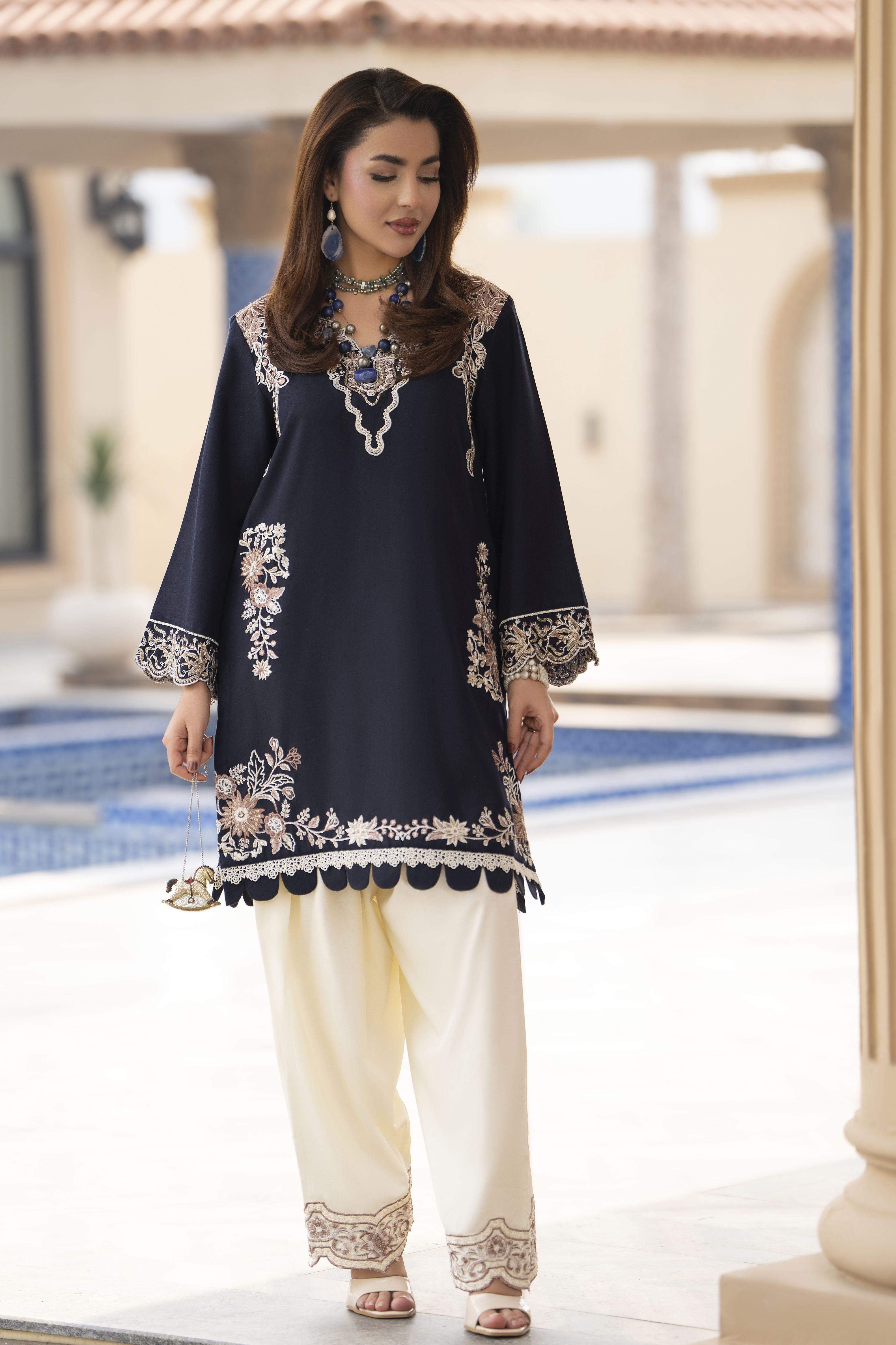 ZWM5 Zimal Winter Muse Navy Blue and Ivory Embroidered Dhanak 2pc Ready to Wear