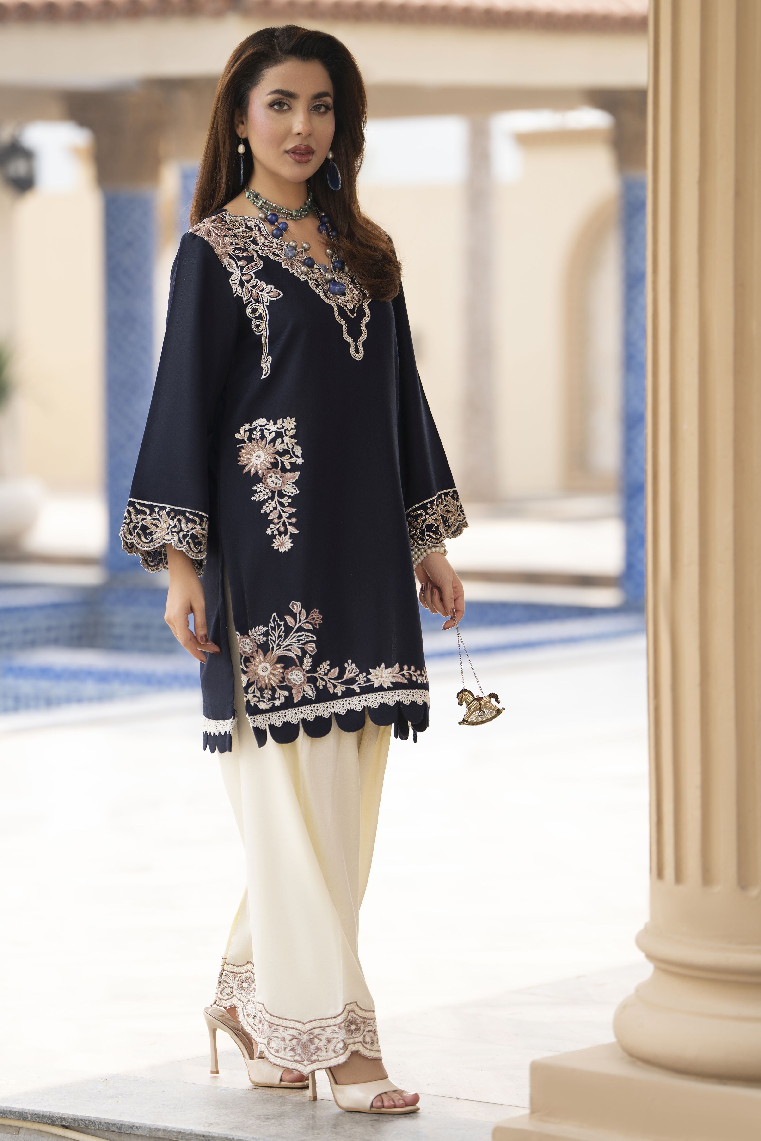 ZWM5 Zimal Winter Muse Navy Blue and Ivory Embroidered Dhanak 2pc Ready to Wear