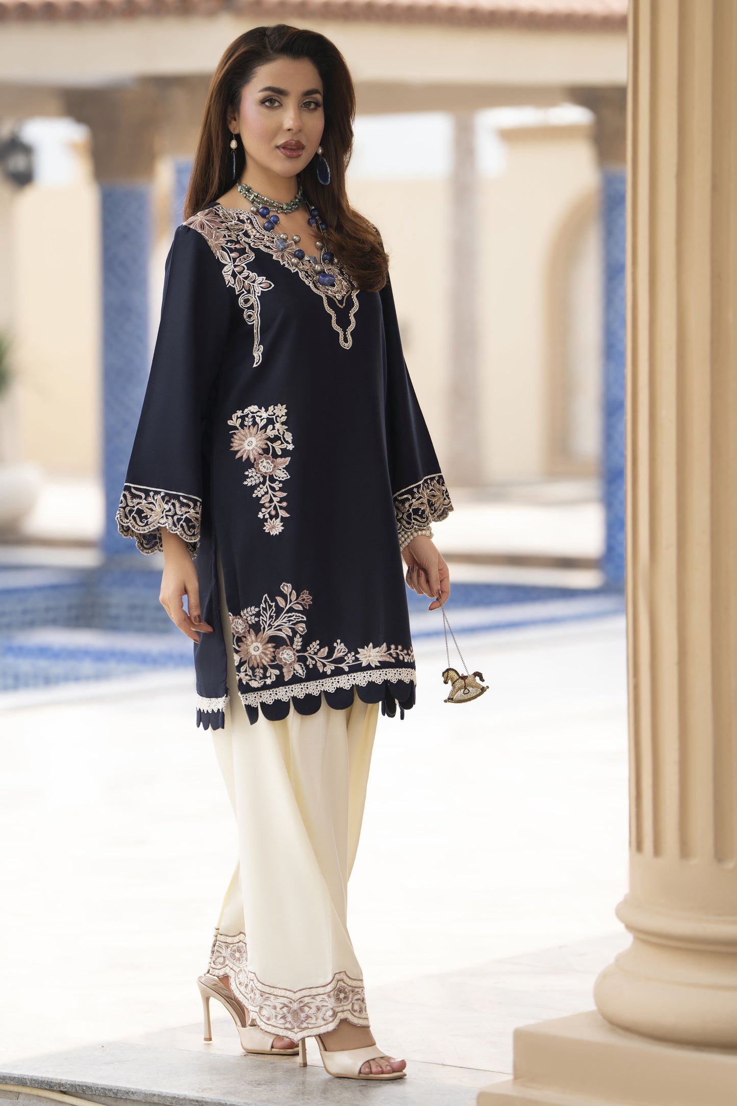 ZWM5 Zimal Winter Muse Navy Blue and Ivory Embroidered Dhanak 2pc Ready to Wear