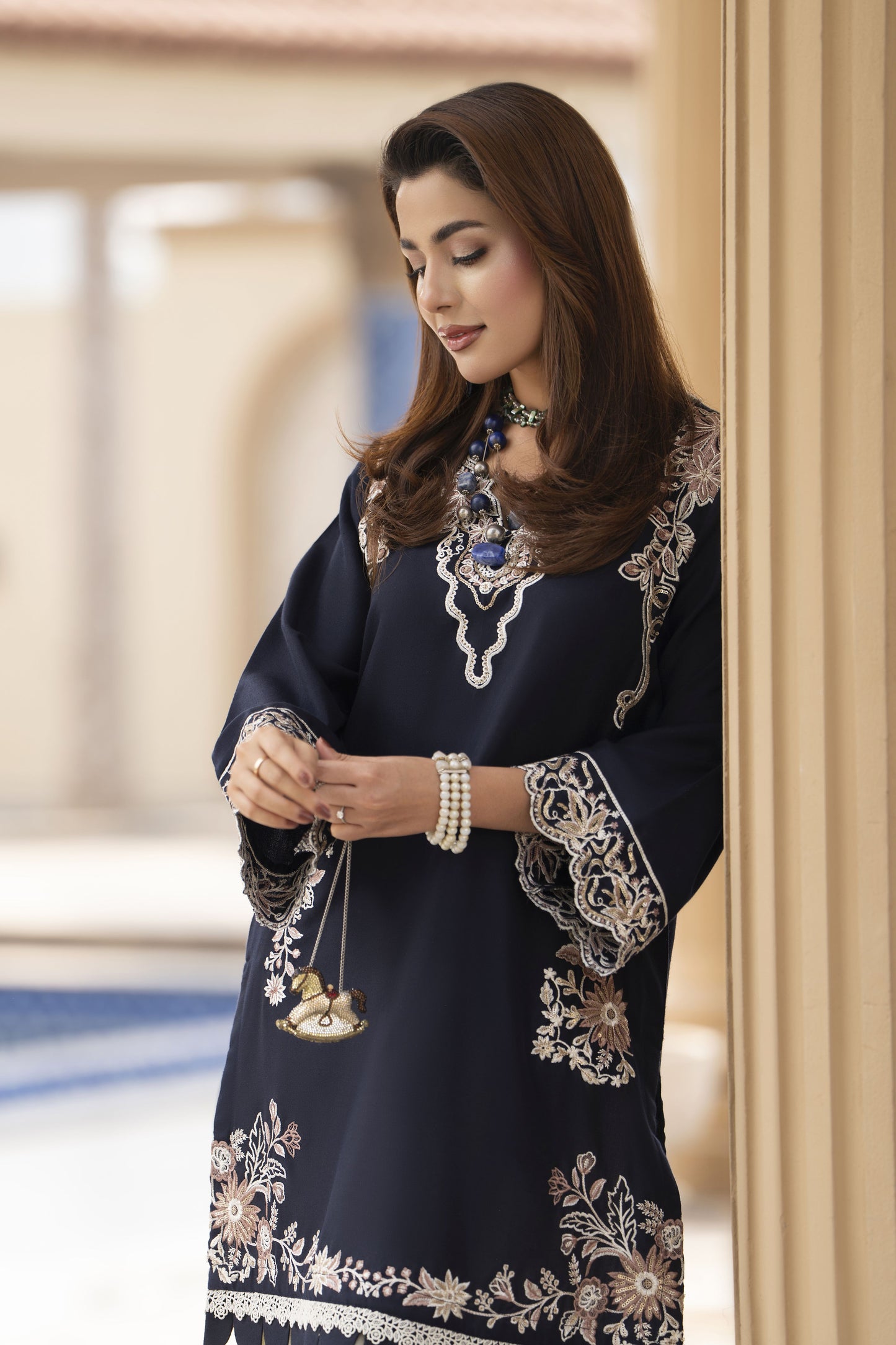 ZWM5 Zimal Winter Muse Navy Blue and Ivory Embroidered Dhanak 2pc Ready to Wear