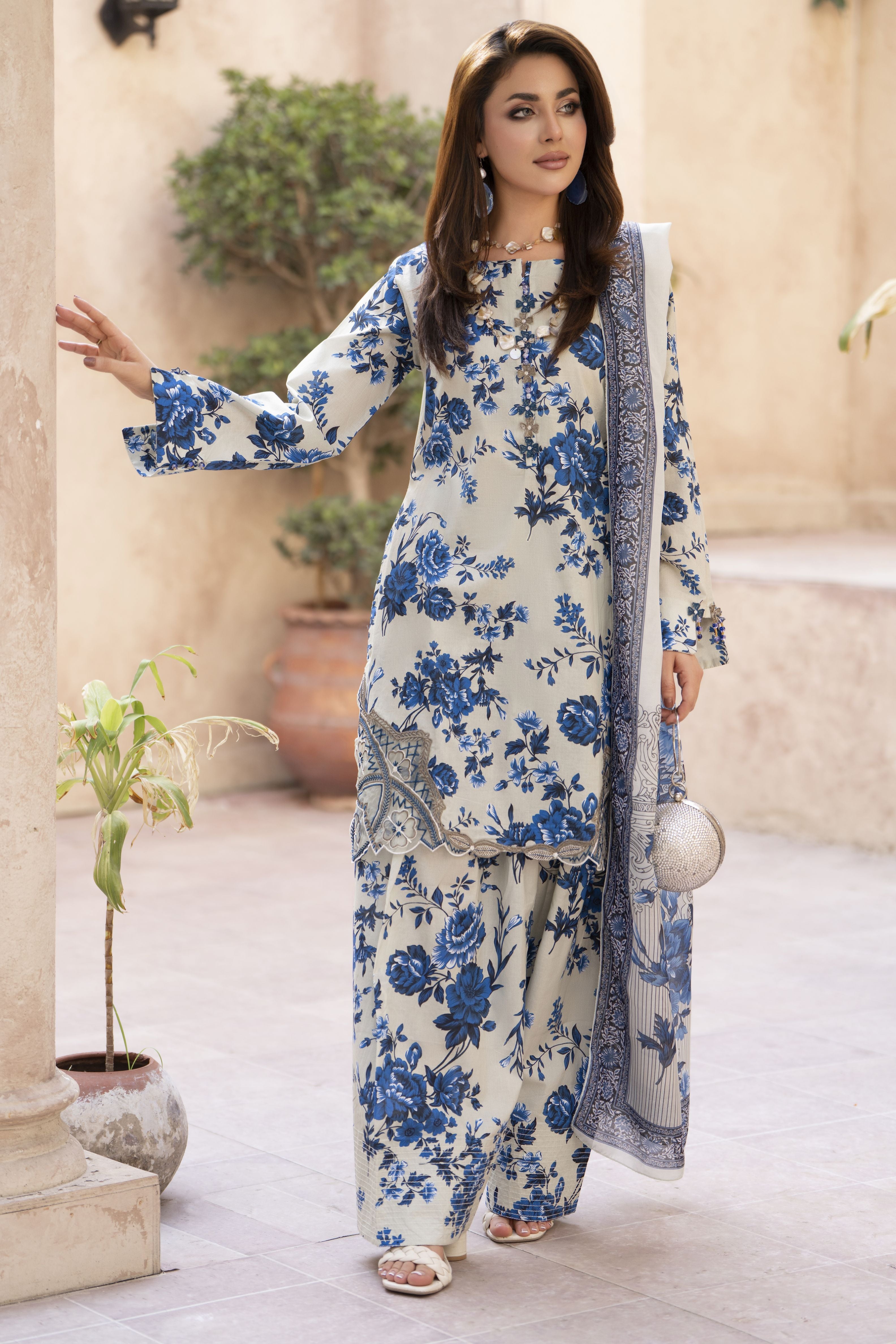 Zaiwa Sway5 3pc Printed Cotton Farshi Shalwar Suit with Embroidered Shirt
