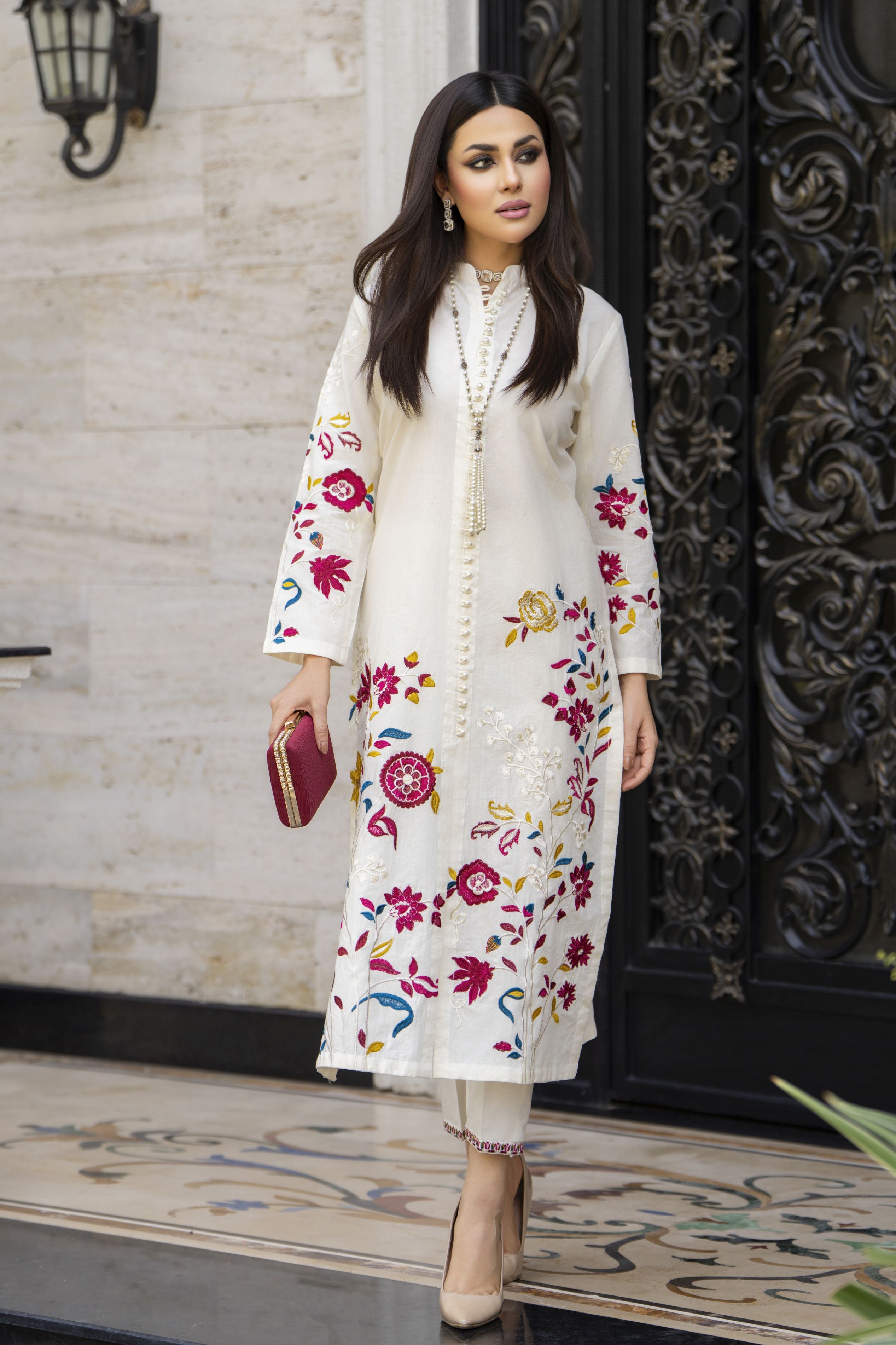 Ivory Multicolour Embroidered Cotton 2pc Women Suit | Baarish by Miski BYM2