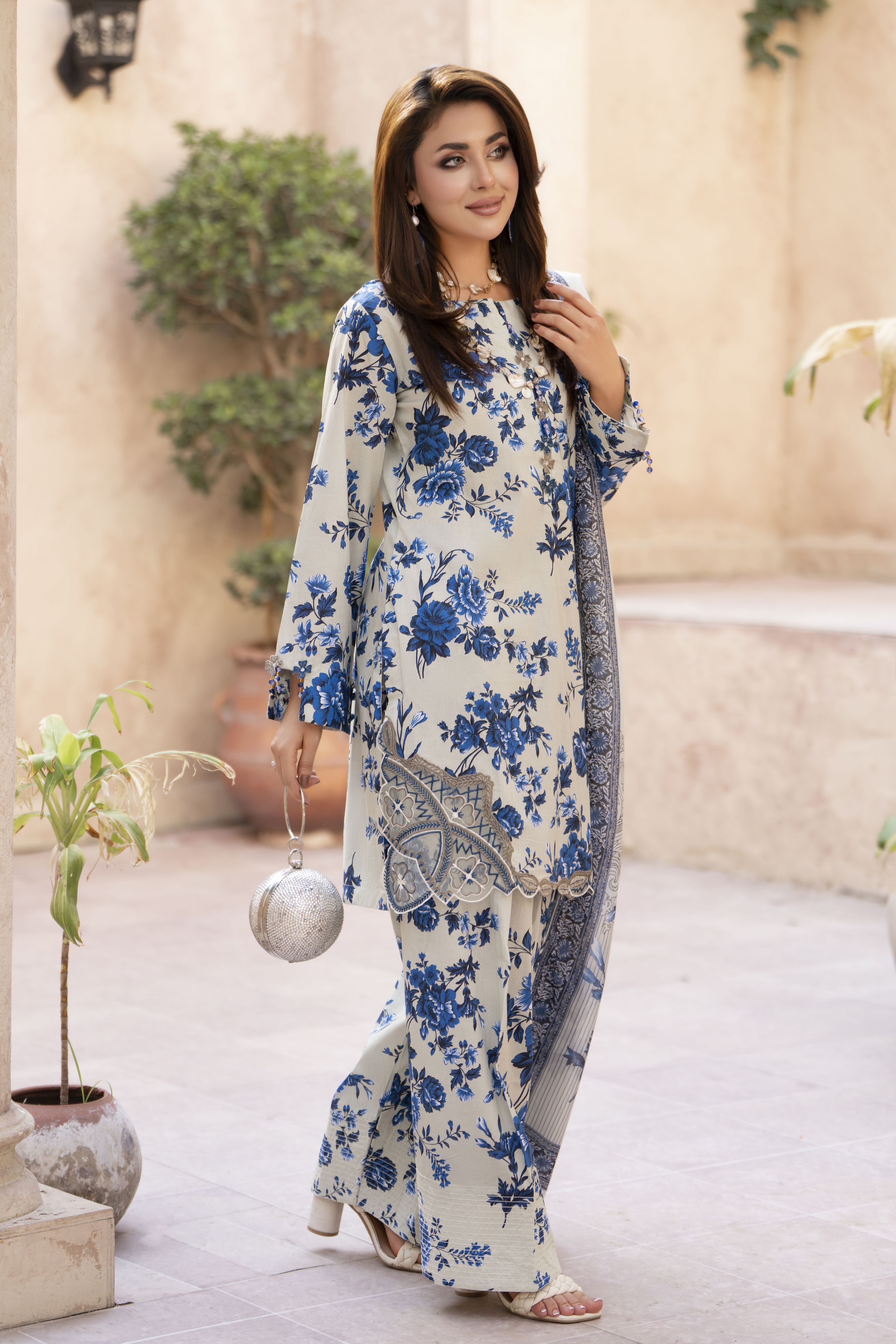 Zaiwa Sway5 3pc Printed Cotton Farshi Shalwar Suit with Embroidered Shirt