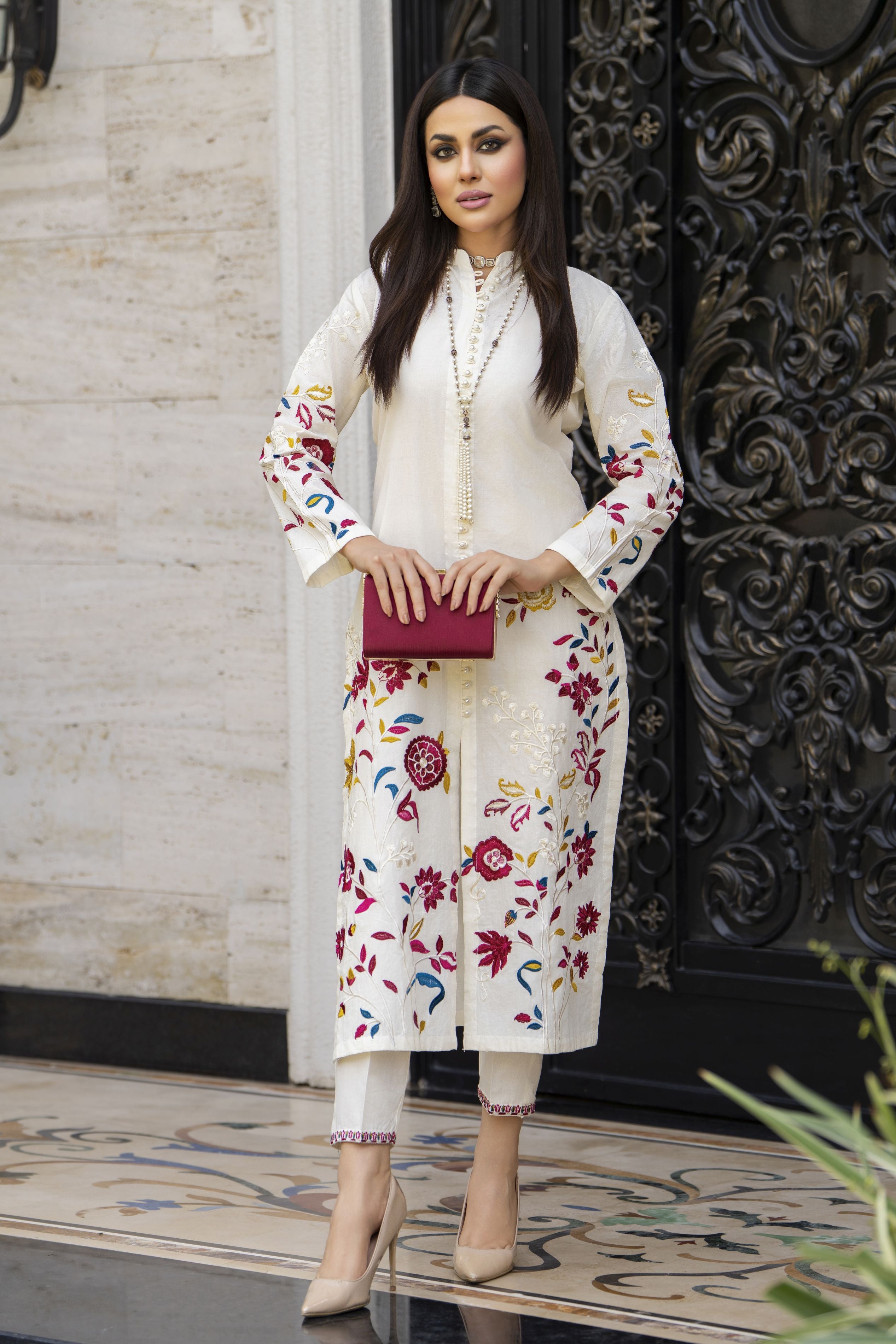 Ivory Multicolour Embroidered Cotton 2pc Women Suit | Baarish by Miski BYM2