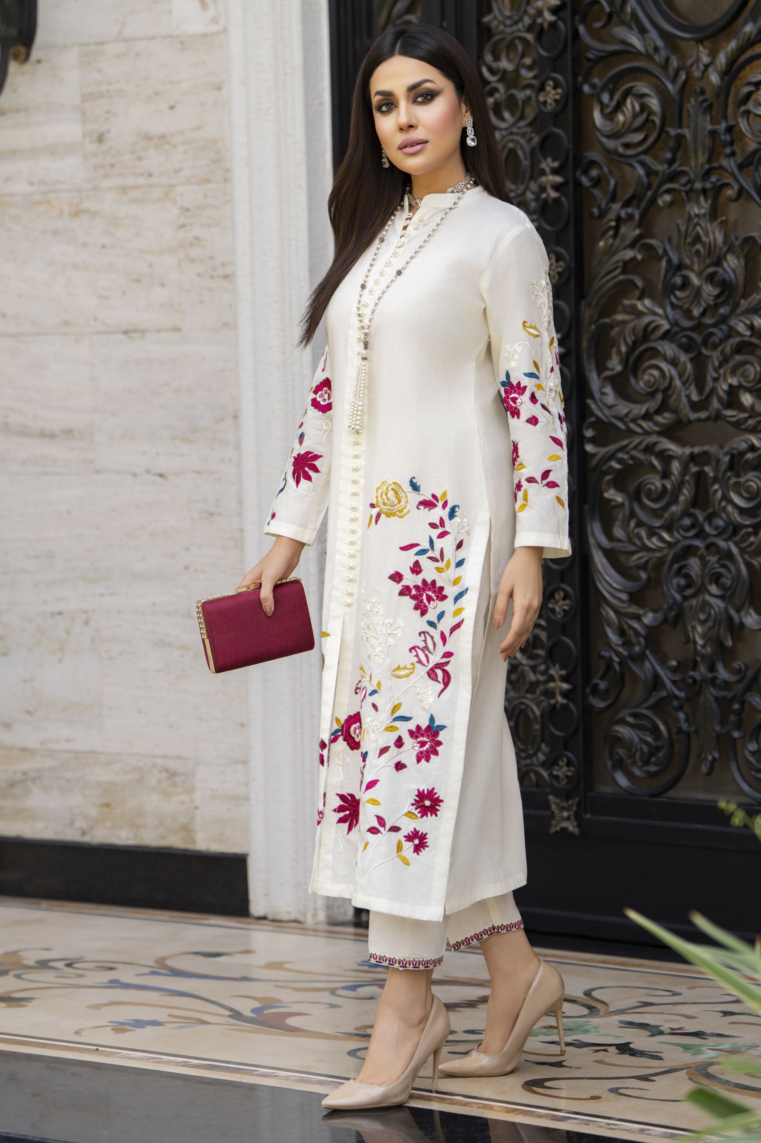 Ivory Multicolour Embroidered Cotton 2pc Women Suit | Baarish by Miski BYM2
