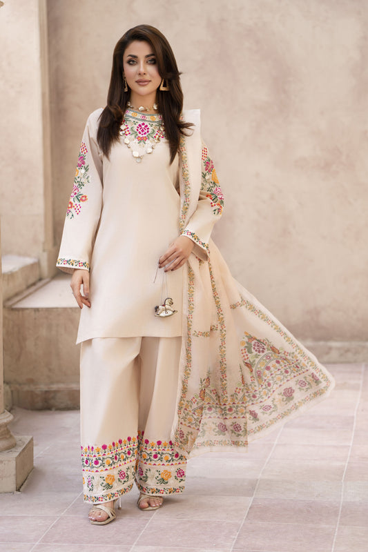 Zaiwa Sway10 3pc Cream Embroidered Lawn Farshi Shalwar Suit