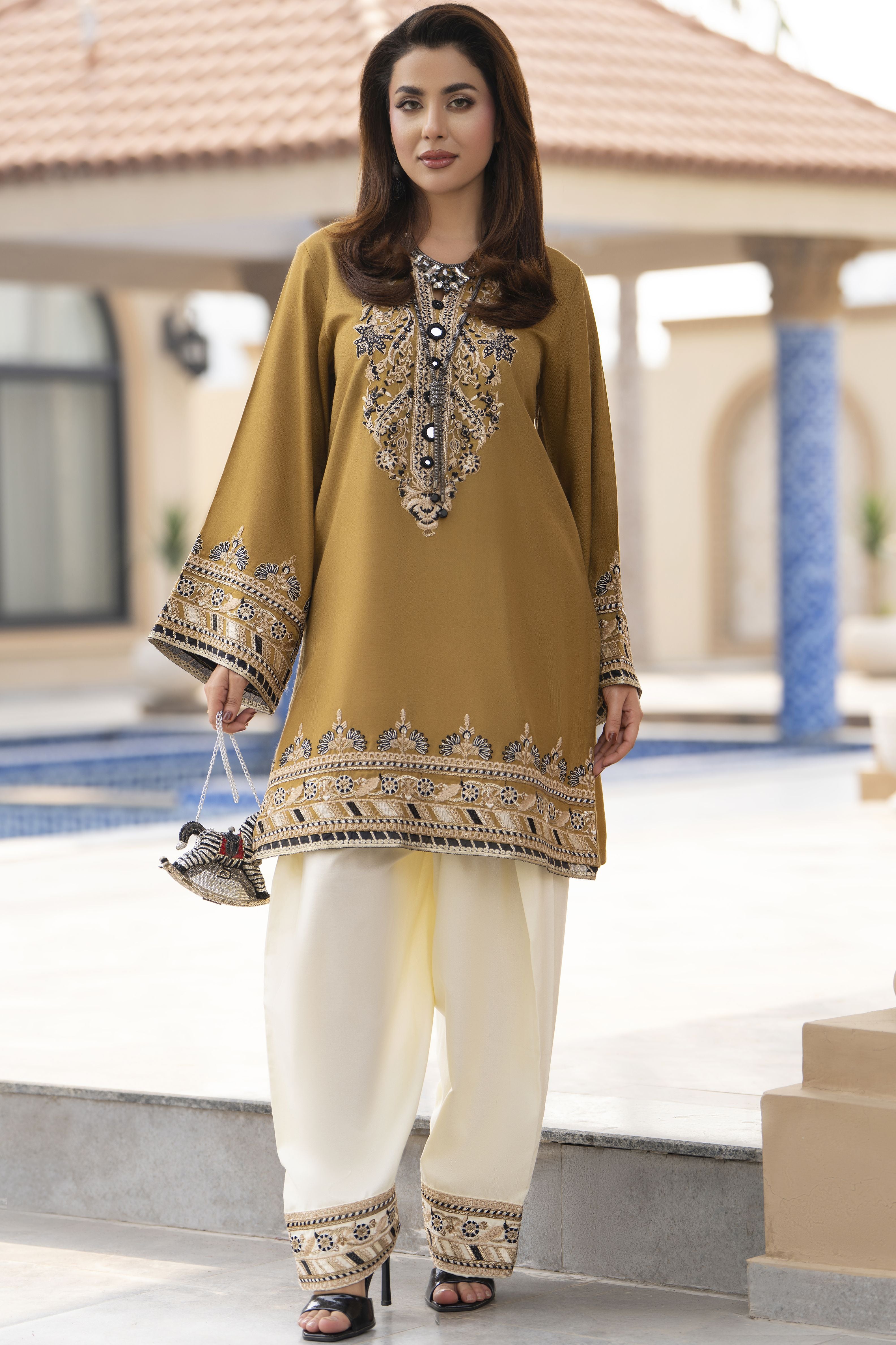 ZWM8 Zimal Winter Muse Mustard and Ivory Embroidered Dhanak 2pc Farshi Shalwar Suit