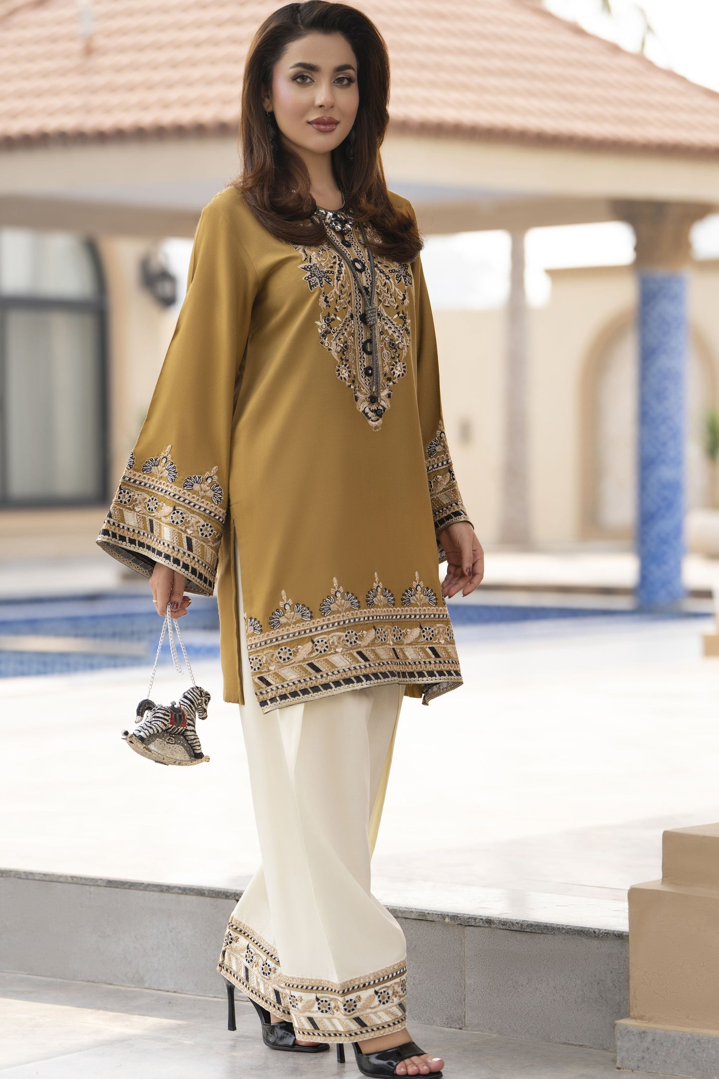 ZWM8 Zimal Winter Muse Mustard and Ivory Embroidered Dhanak 2pc Farshi Shalwar Suit