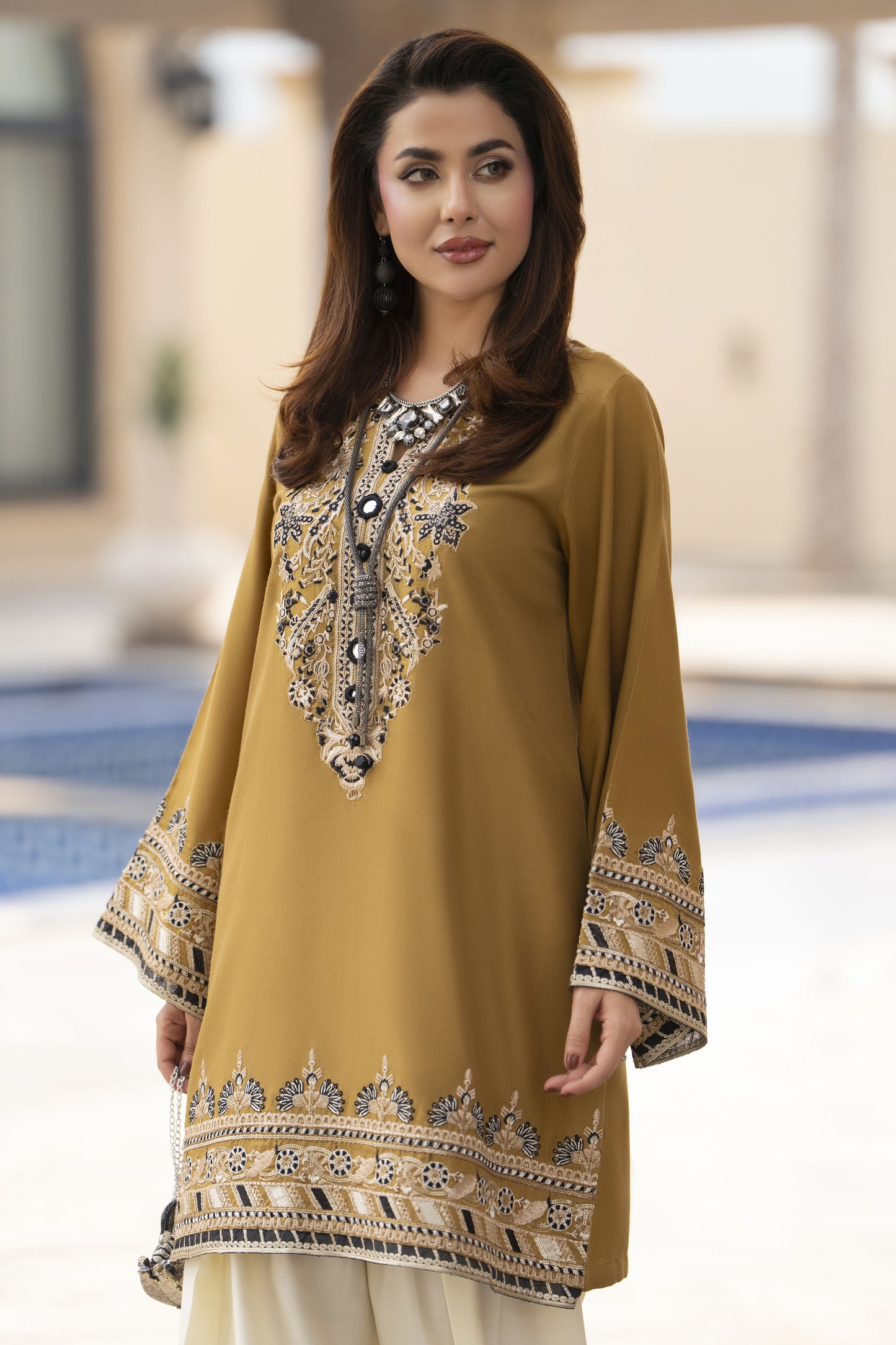 ZWM8 Zimal Winter Muse Mustard and Ivory Embroidered Dhanak 2pc Farshi Shalwar Suit