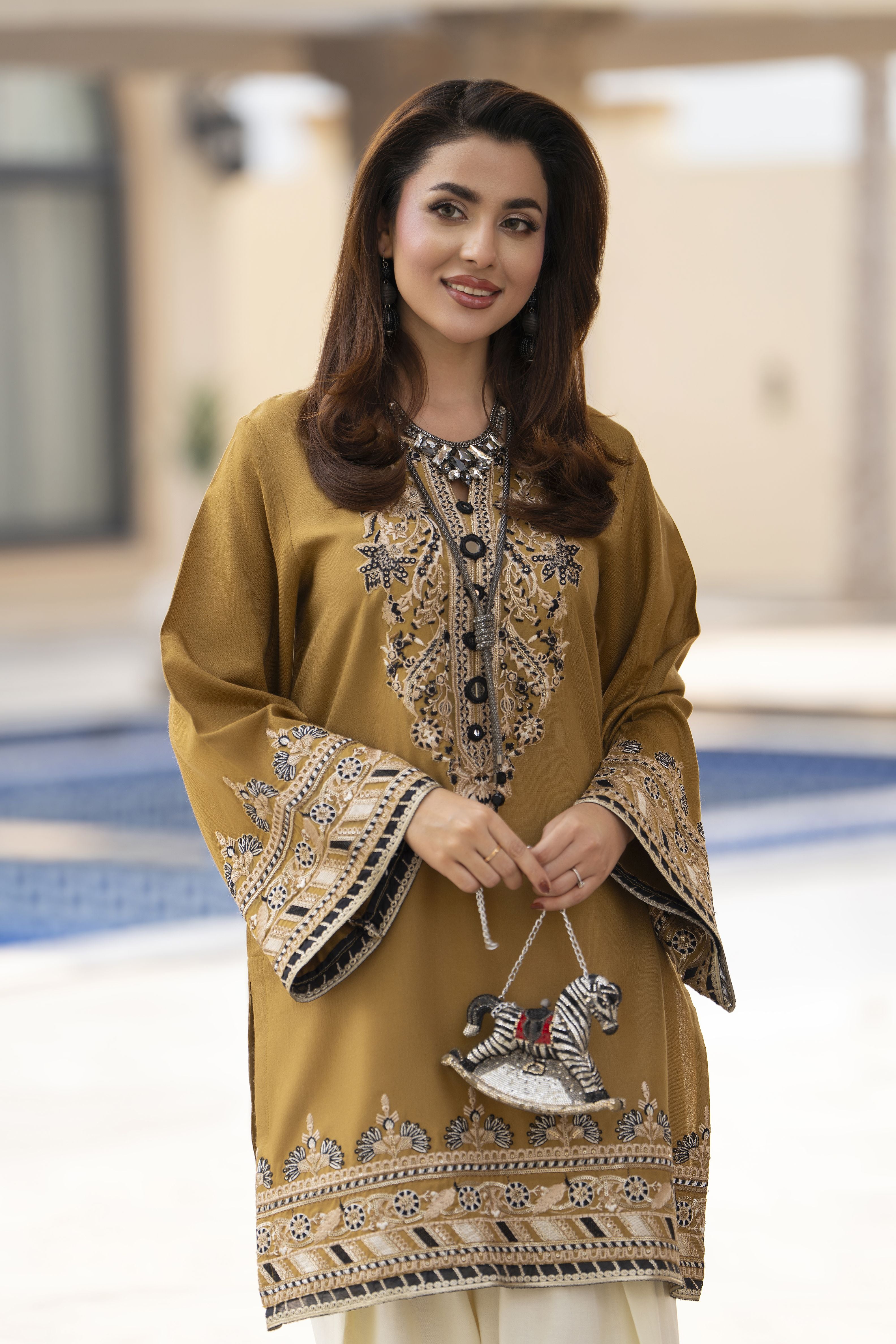 ZWM8 Zimal Winter Muse Mustard and Ivory Embroidered Dhanak 2pc Farshi Shalwar Suit