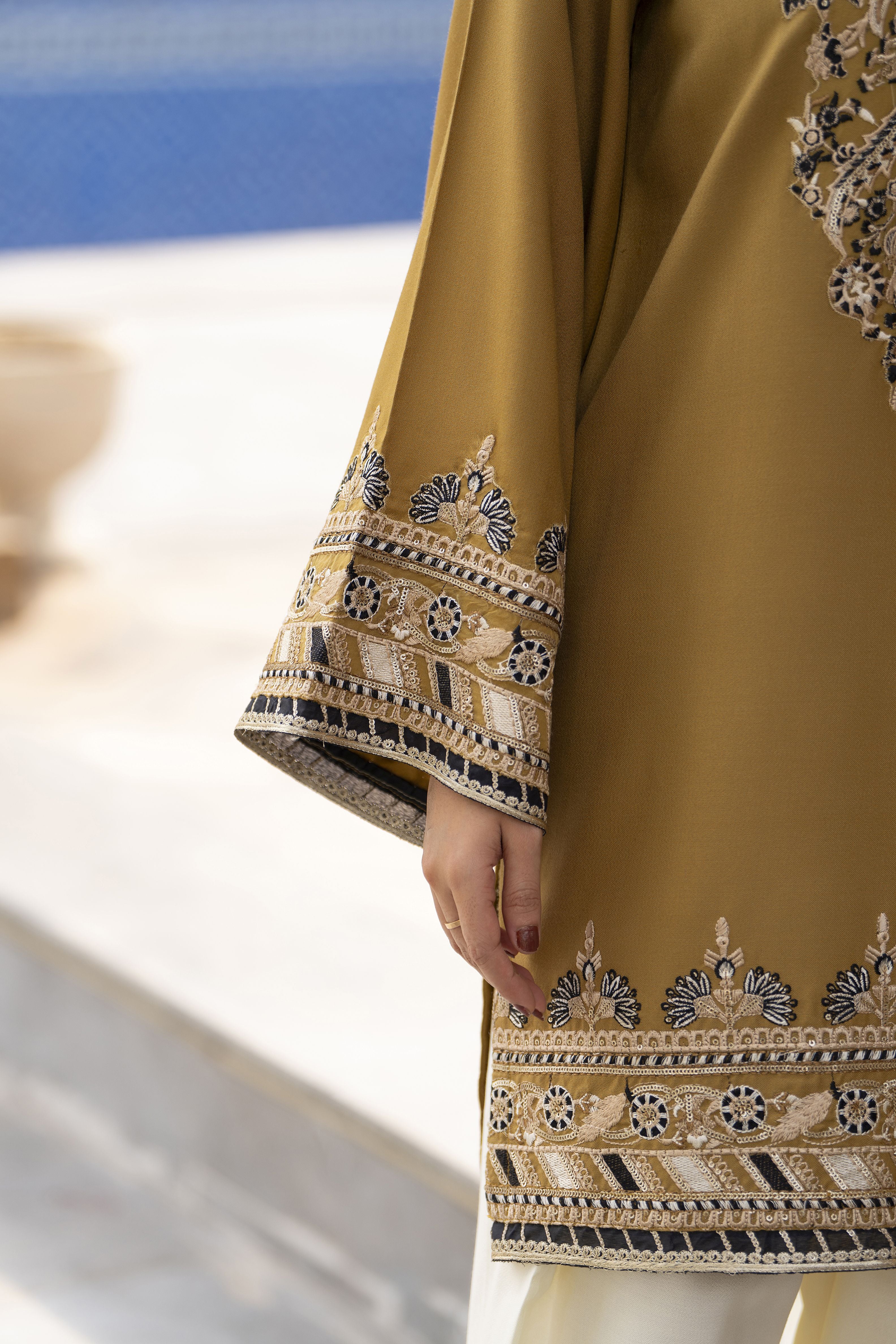 ZWM8 Zimal Winter Muse Mustard and Ivory Embroidered Dhanak 2pc Farshi Shalwar Suit