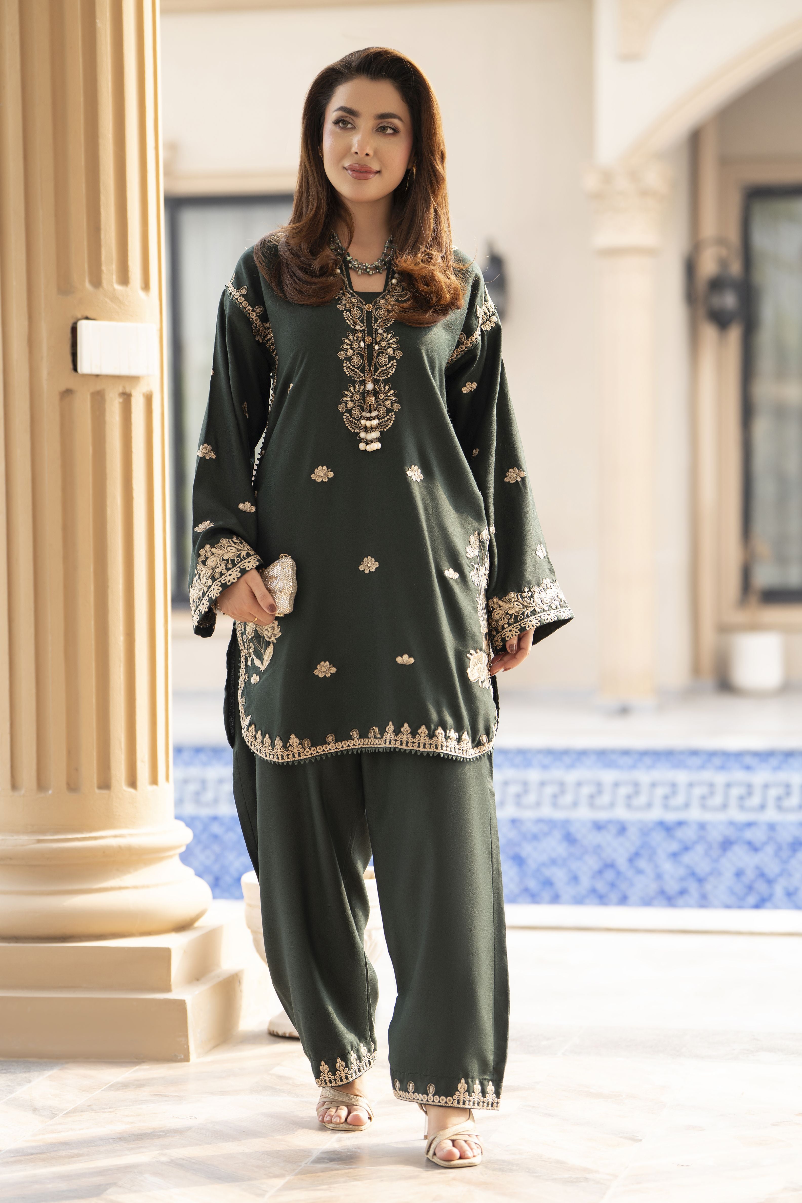 ZWM7 Zimal Winter Muse Bottle Green Embroidered Dhanak 2pc Ready to Wear
