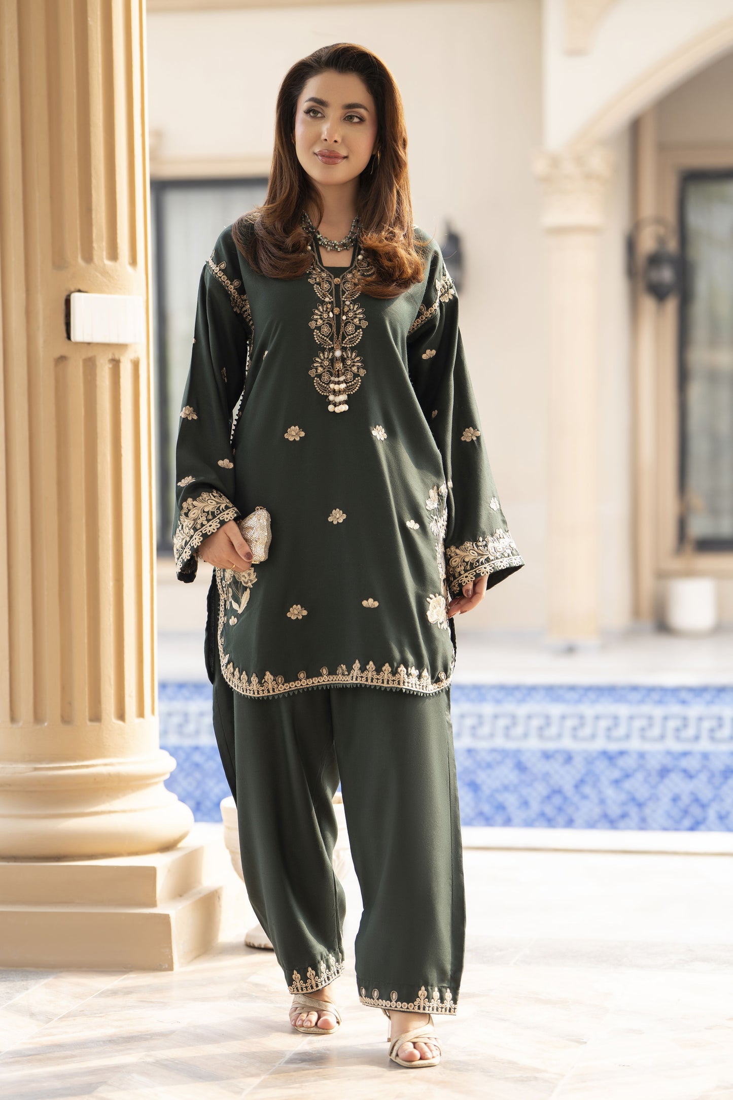 ZWM7 Zimal Winter Muse Bottle Green Embroidered Dhanak 2pc Ready to Wear