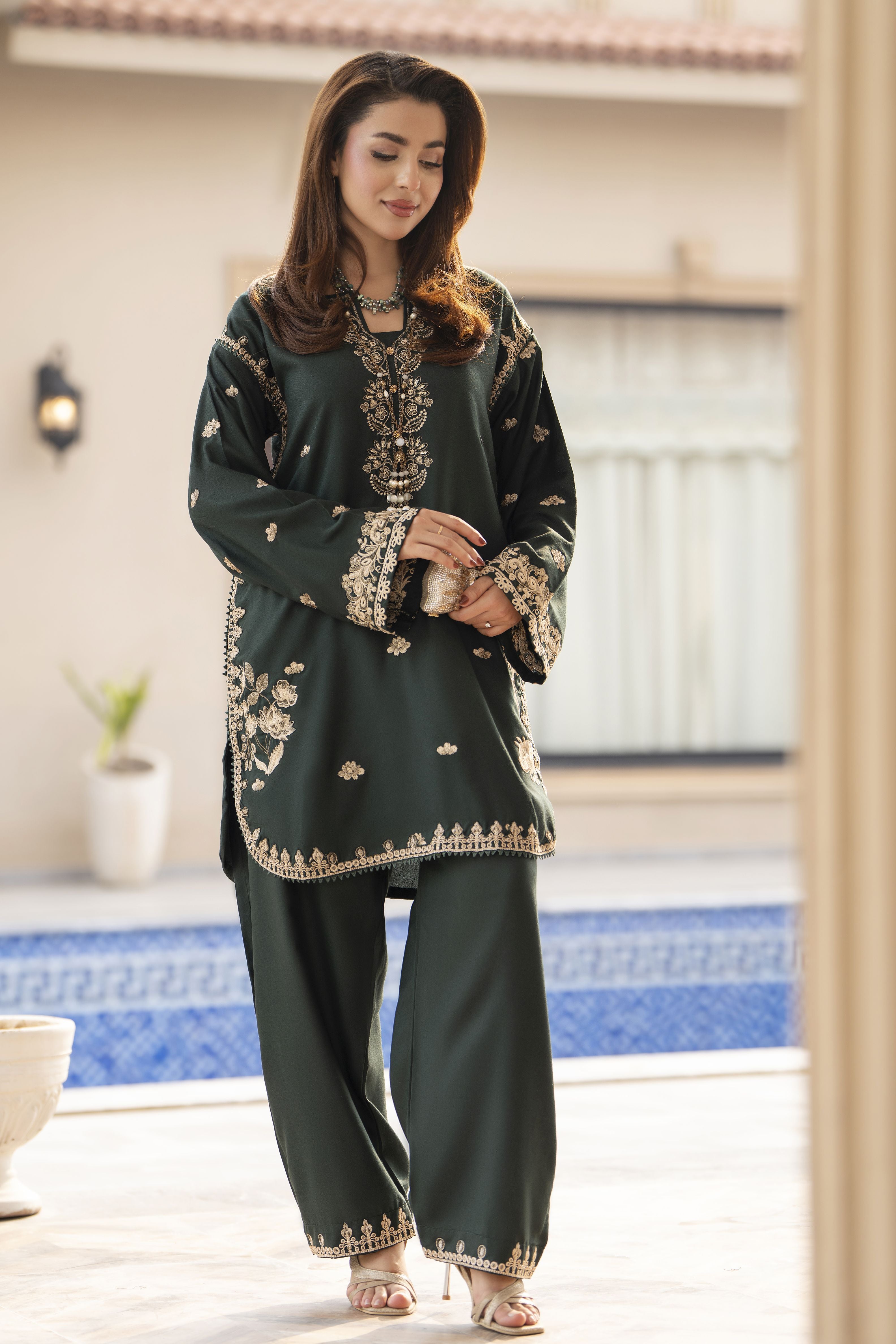ZWM7 Zimal Winter Muse Bottle Green Embroidered Dhanak 2pc Ready to Wear