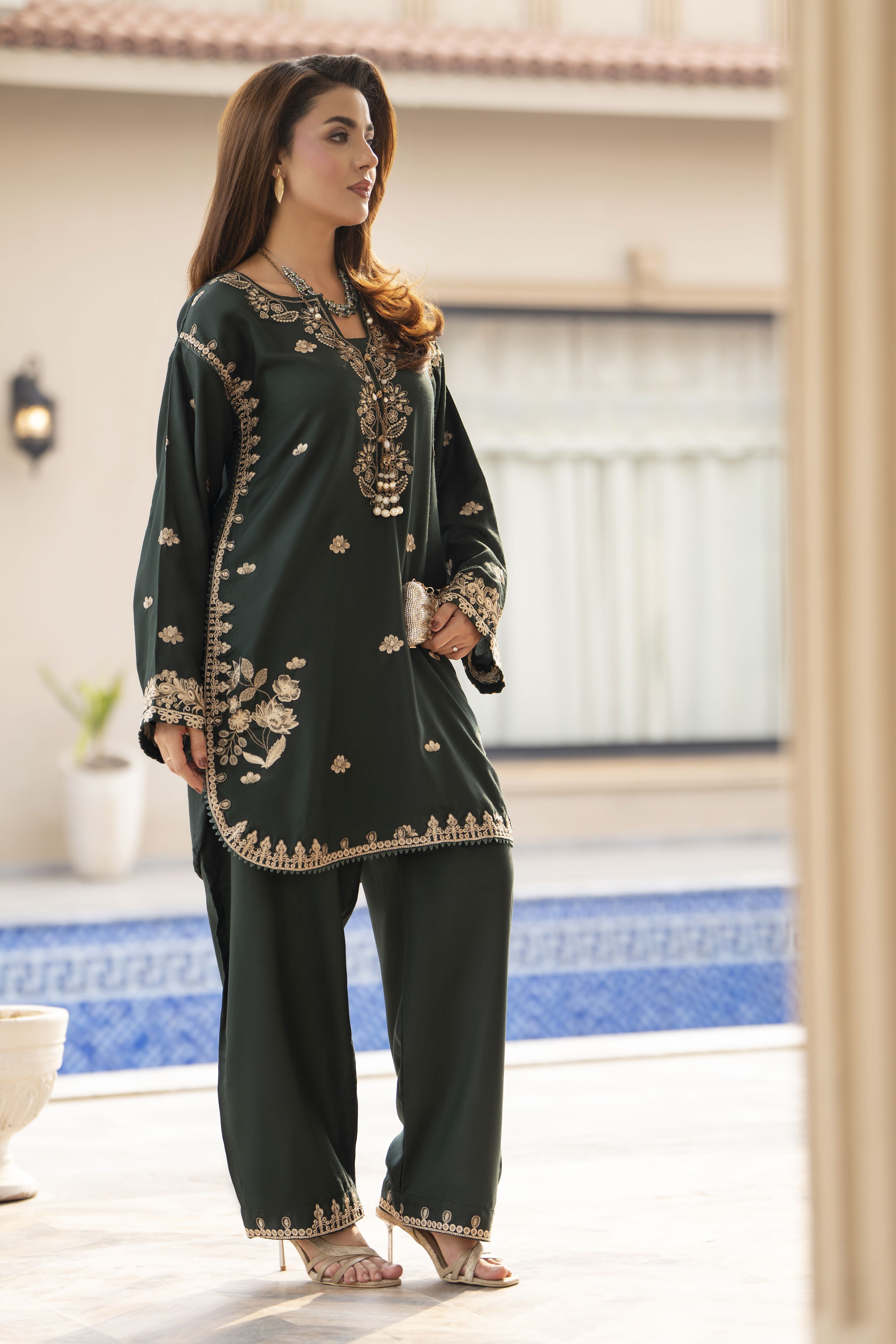 ZWM7 Zimal Winter Muse Bottle Green Embroidered Dhanak 2pc Ready to Wear