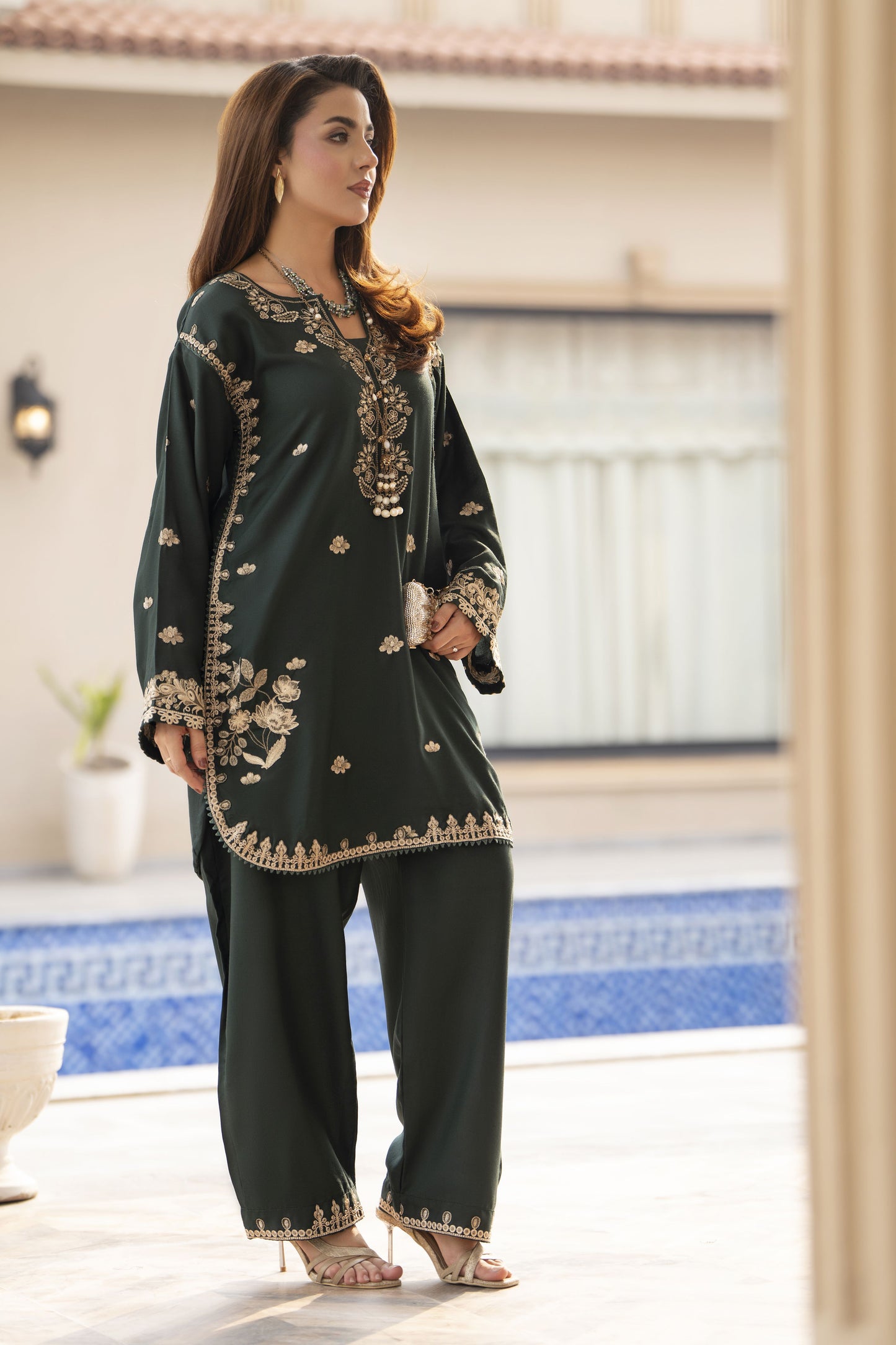 ZWM7 Zimal Winter Muse Bottle Green Embroidered Dhanak 2pc Ready to Wear