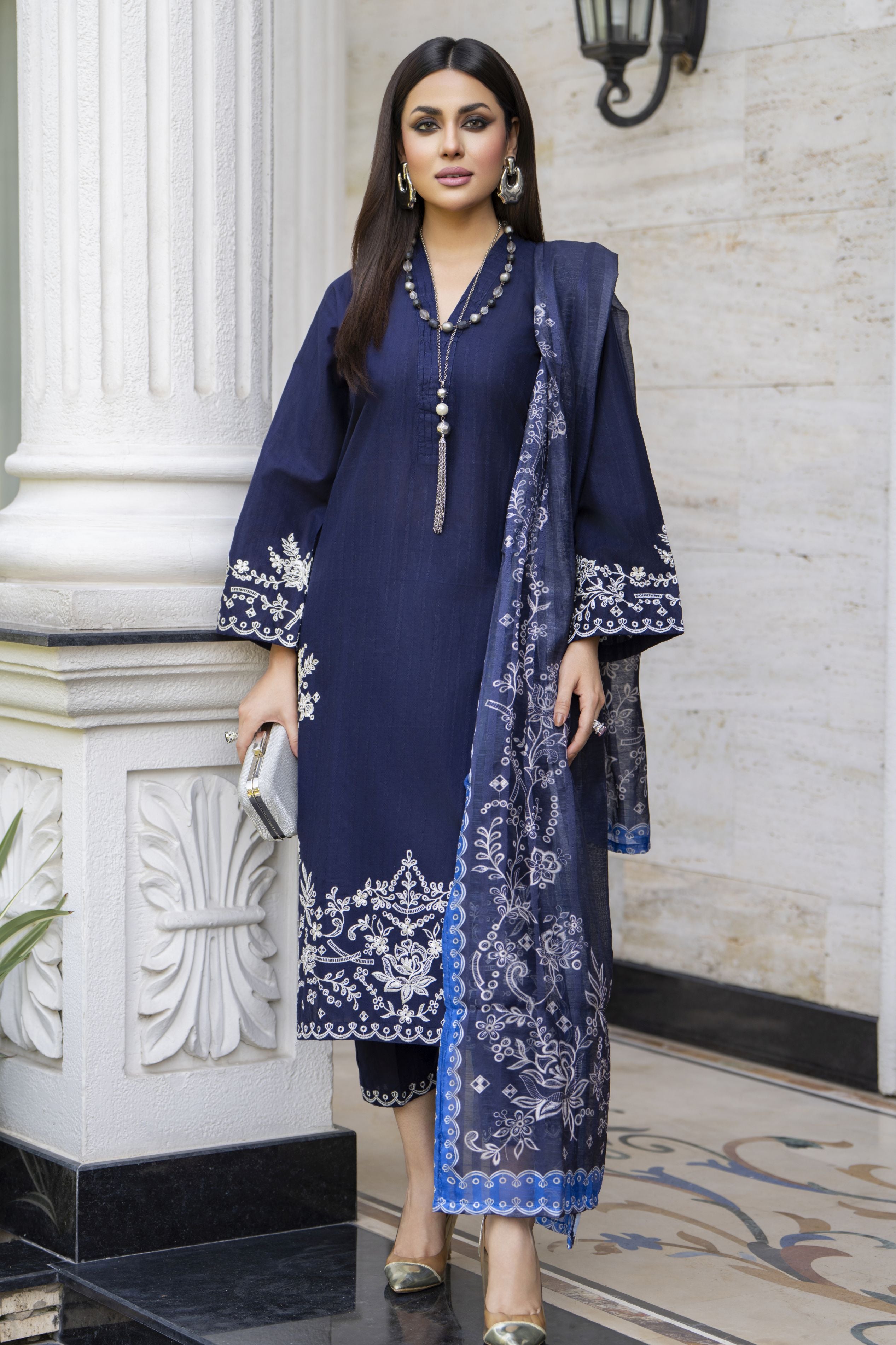 Navy Blue Embroidered Broshia Cotton 3pc Ladies Suit | Baarish by Miski BYM4