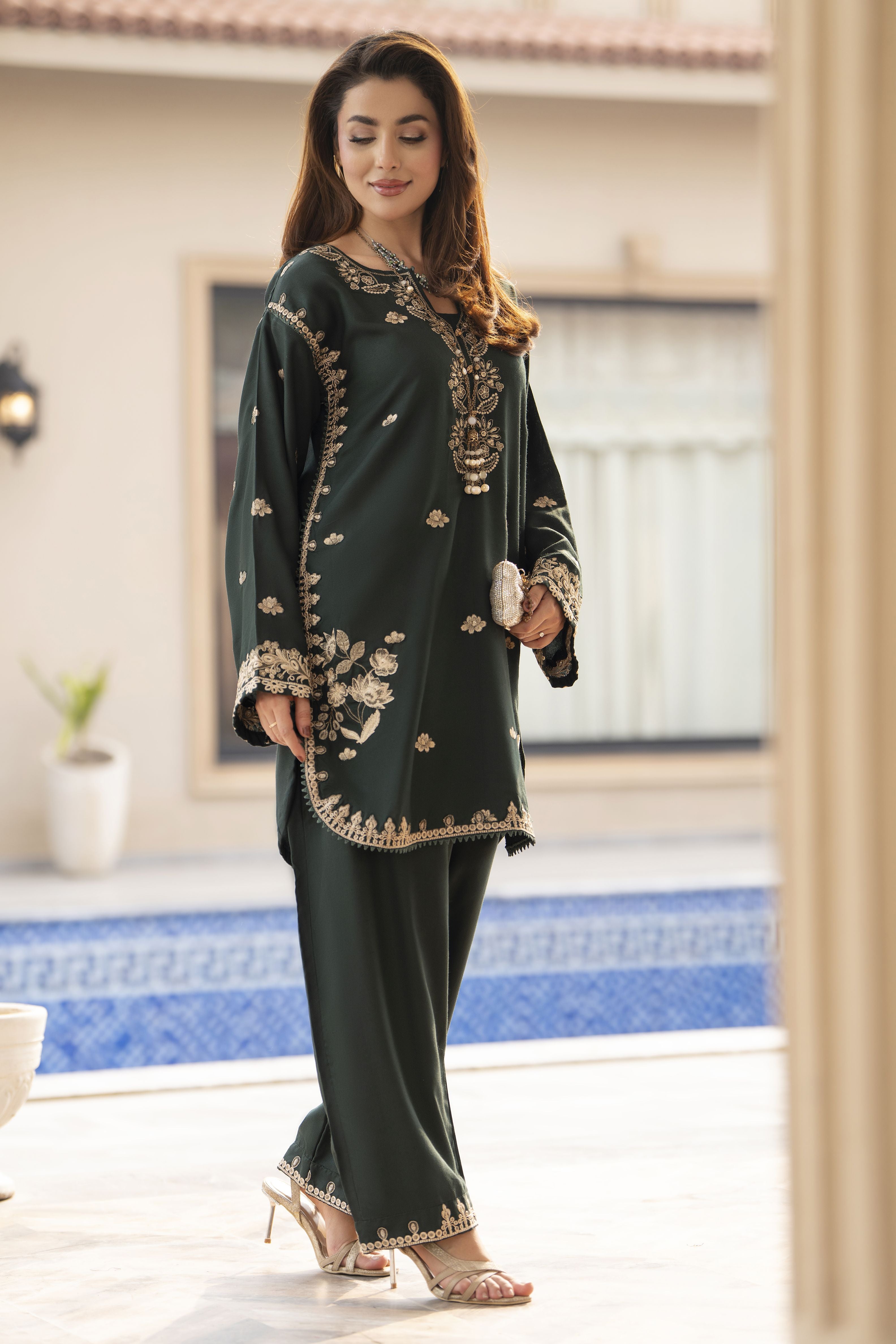 ZWM7 Zimal Winter Muse Bottle Green Embroidered Dhanak 2pc Ready to Wear