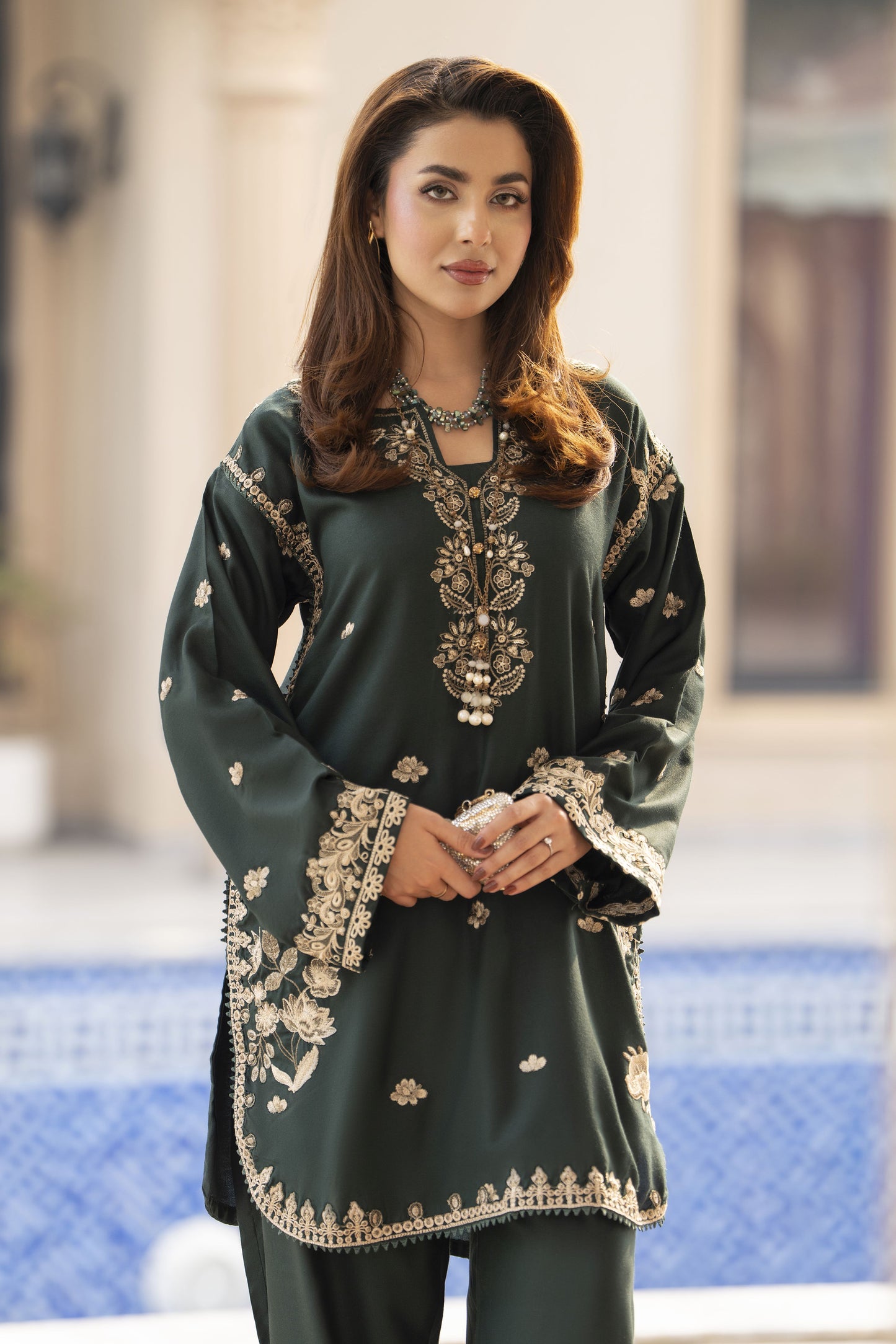 ZWM7 Zimal Winter Muse Bottle Green Embroidered Dhanak 2pc Ready to Wear