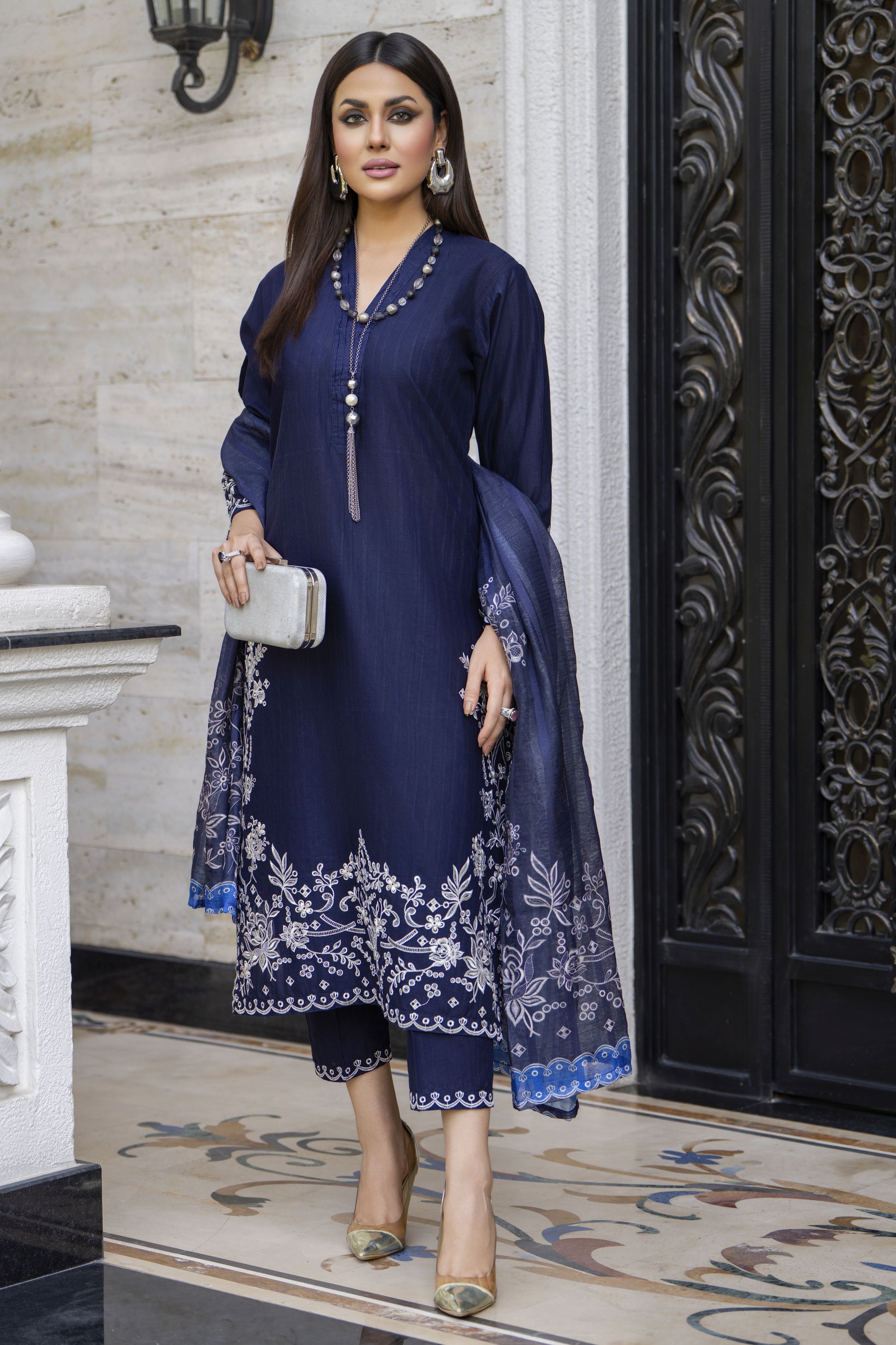 Navy Blue Embroidered Broshia Cotton 3pc Ladies Suit | Baarish by Miski BYM4