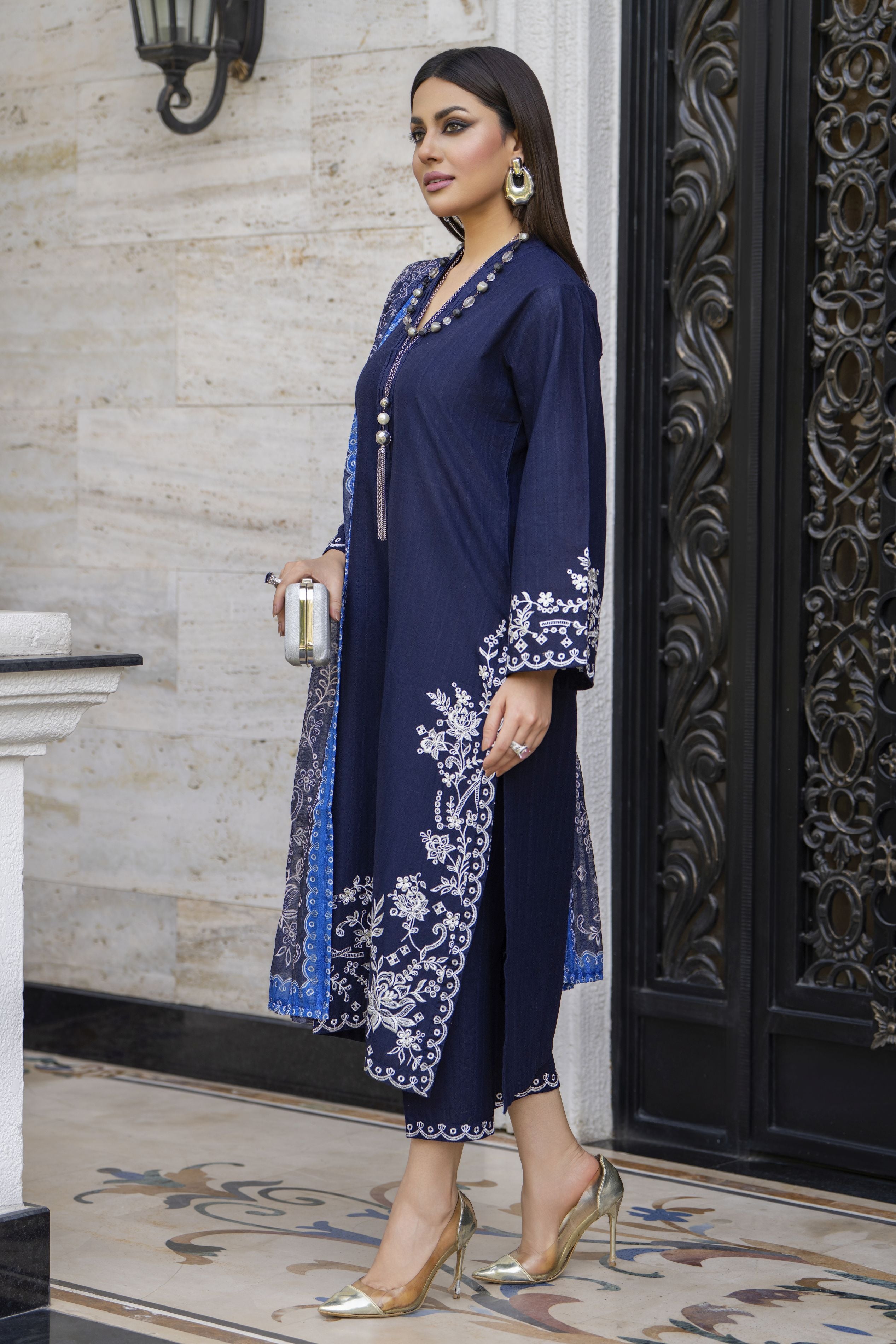 Navy Blue Embroidered Broshia Cotton 3pc Ladies Suit | Baarish by Miski BYM4