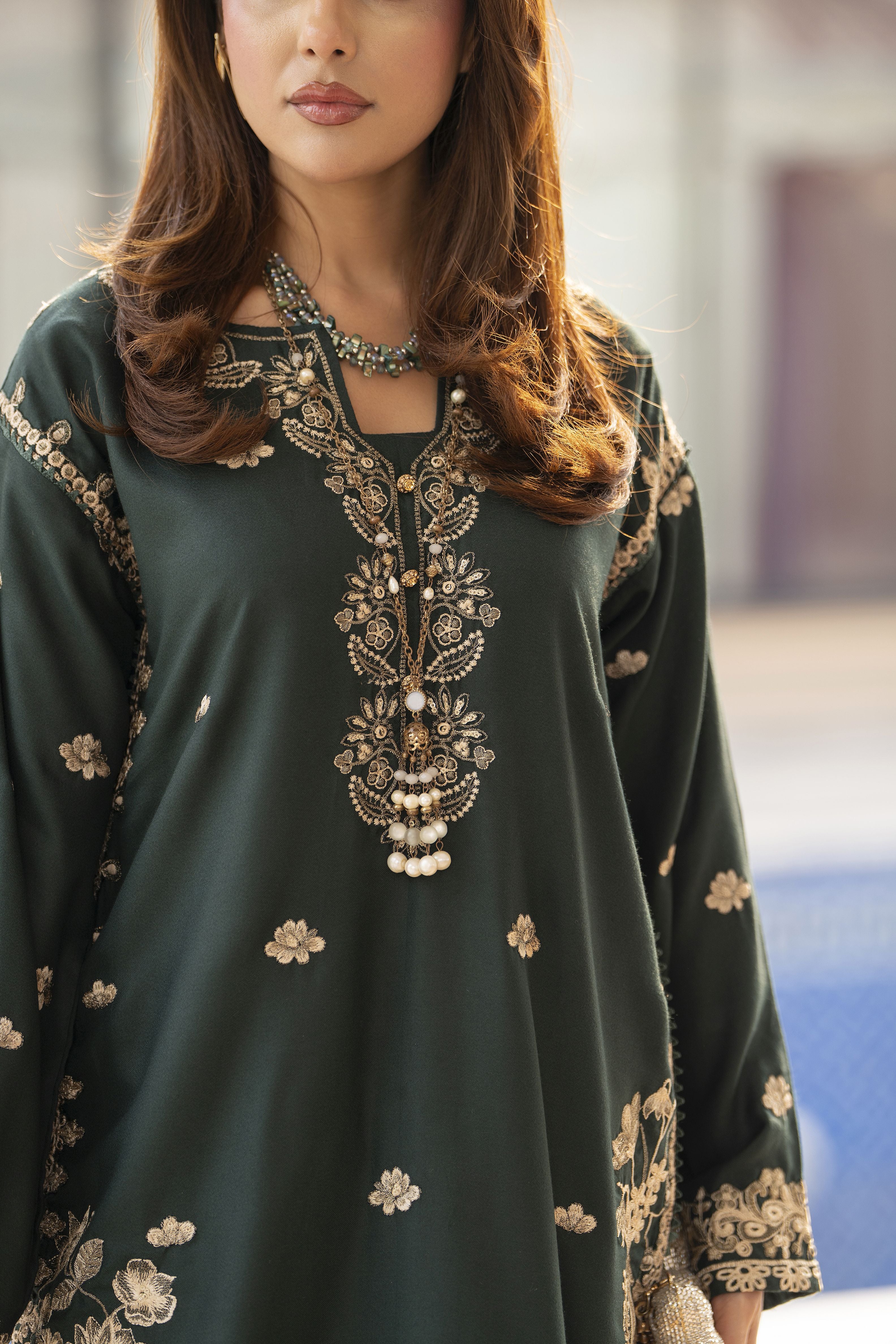 ZWM7 Zimal Winter Muse Bottle Green Embroidered Dhanak 2pc Ready to Wear