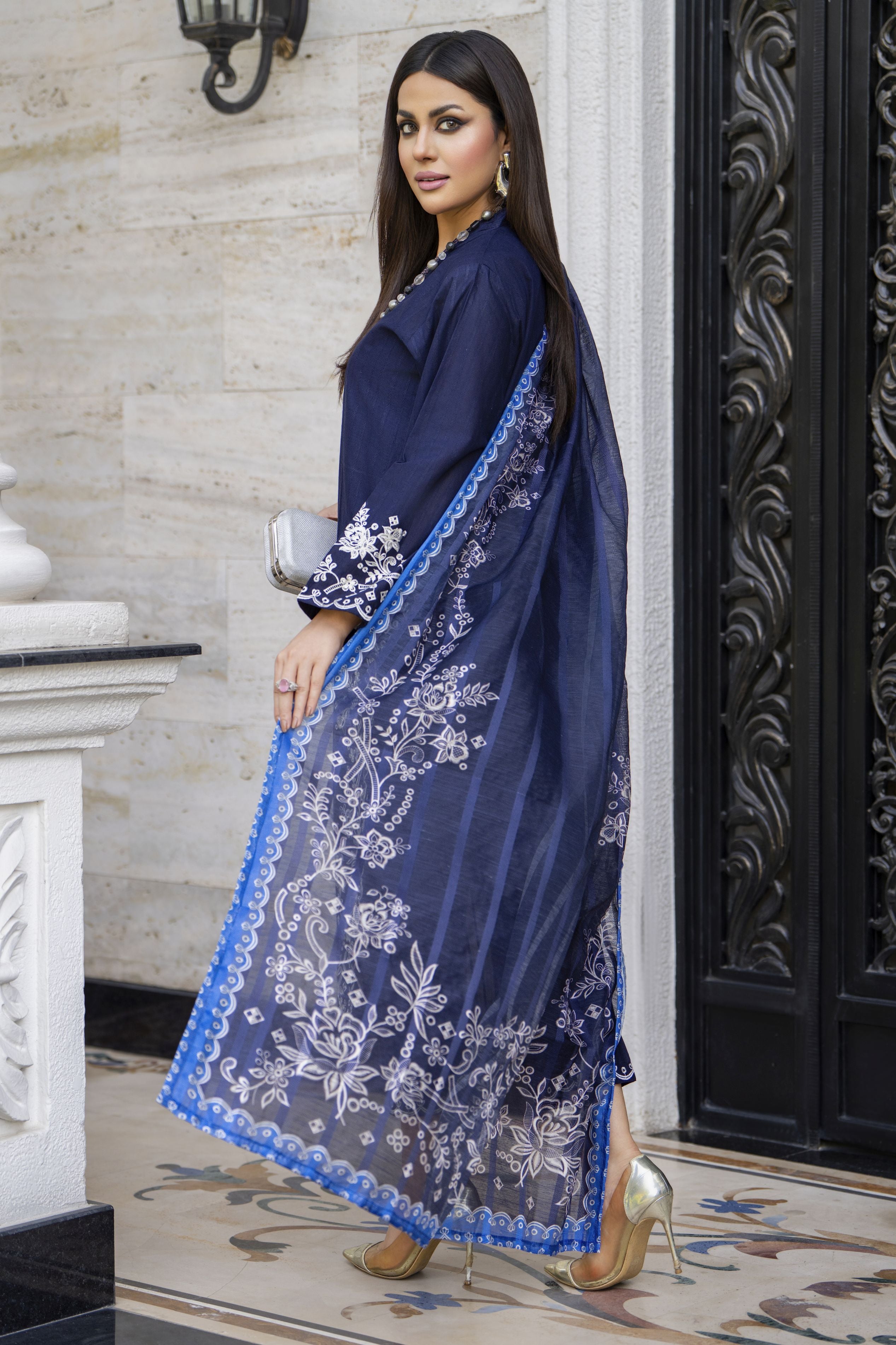 Navy Blue Embroidered Broshia Cotton 3pc Ladies Suit | Baarish by Miski BYM4