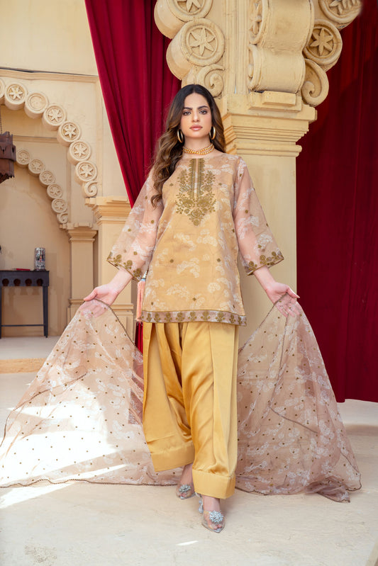 Golden Beige Organza Embroidered Shirt with Mustard Silk Farshi Shalwar – RNK5 | Noorma Kamal
