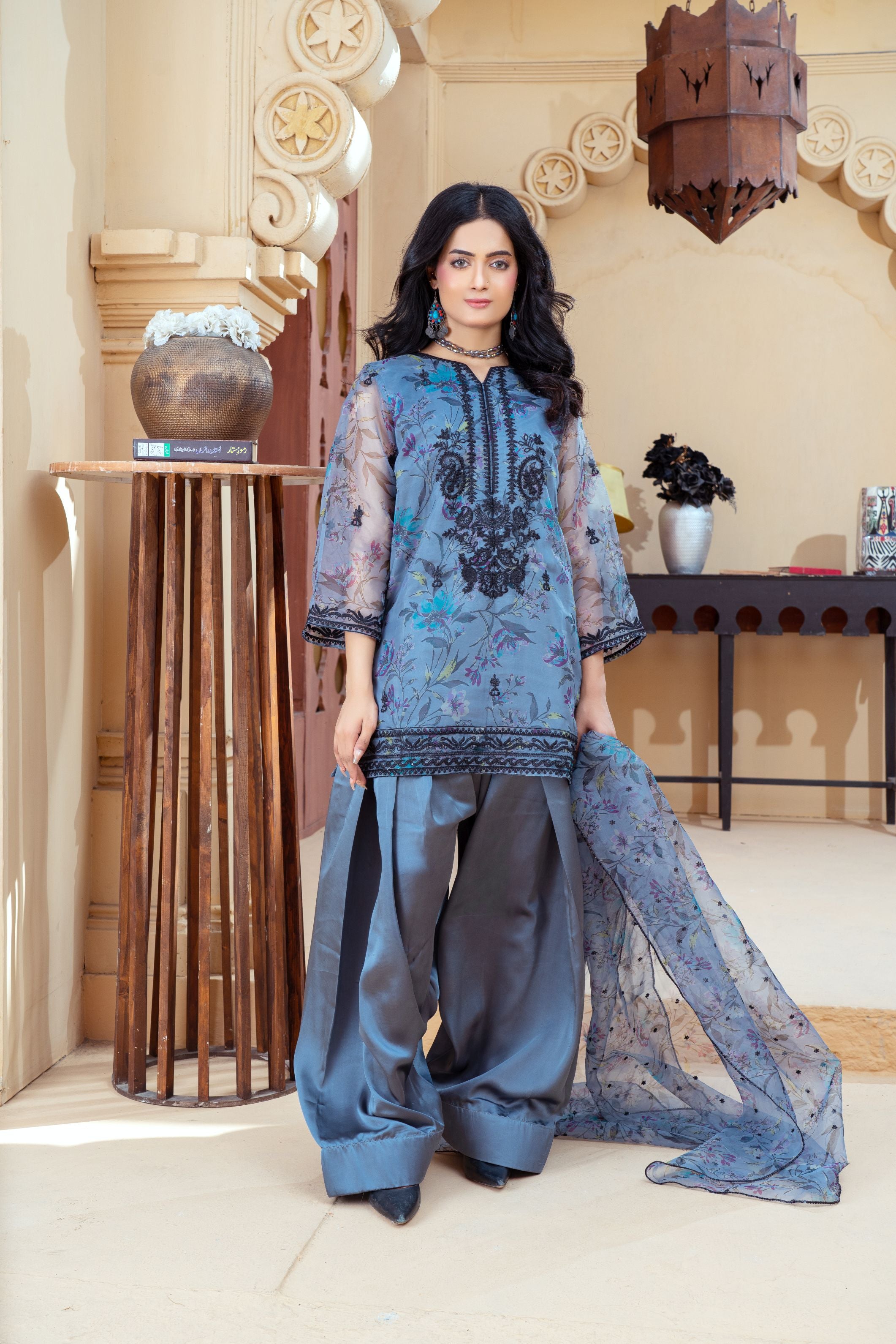 Slate Blue Organza Embroidered Shirt with Deep Charcoal Silk Farshi Shalwar – RNK4 | Noorma Kamal