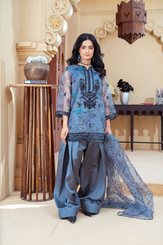 Slate Blue Organza Embroidered Shirt with Deep Charcoal Silk Farshi Shalwar – RNK4 | Noorma Kamal