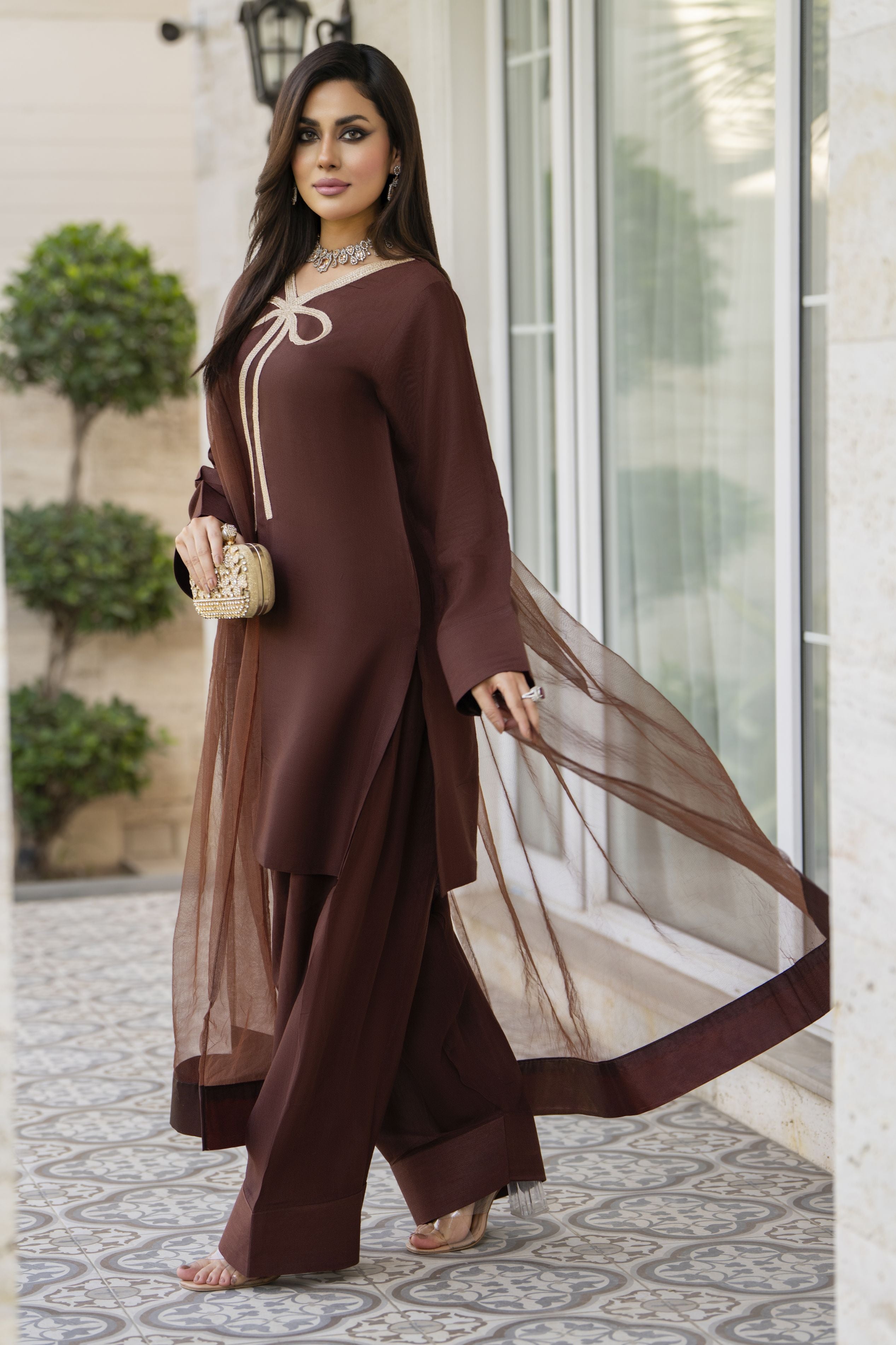 Mocha Brown Poly Raw Silk Farshi Set – Chand Sa Libaas by Aleezay | CSLA5