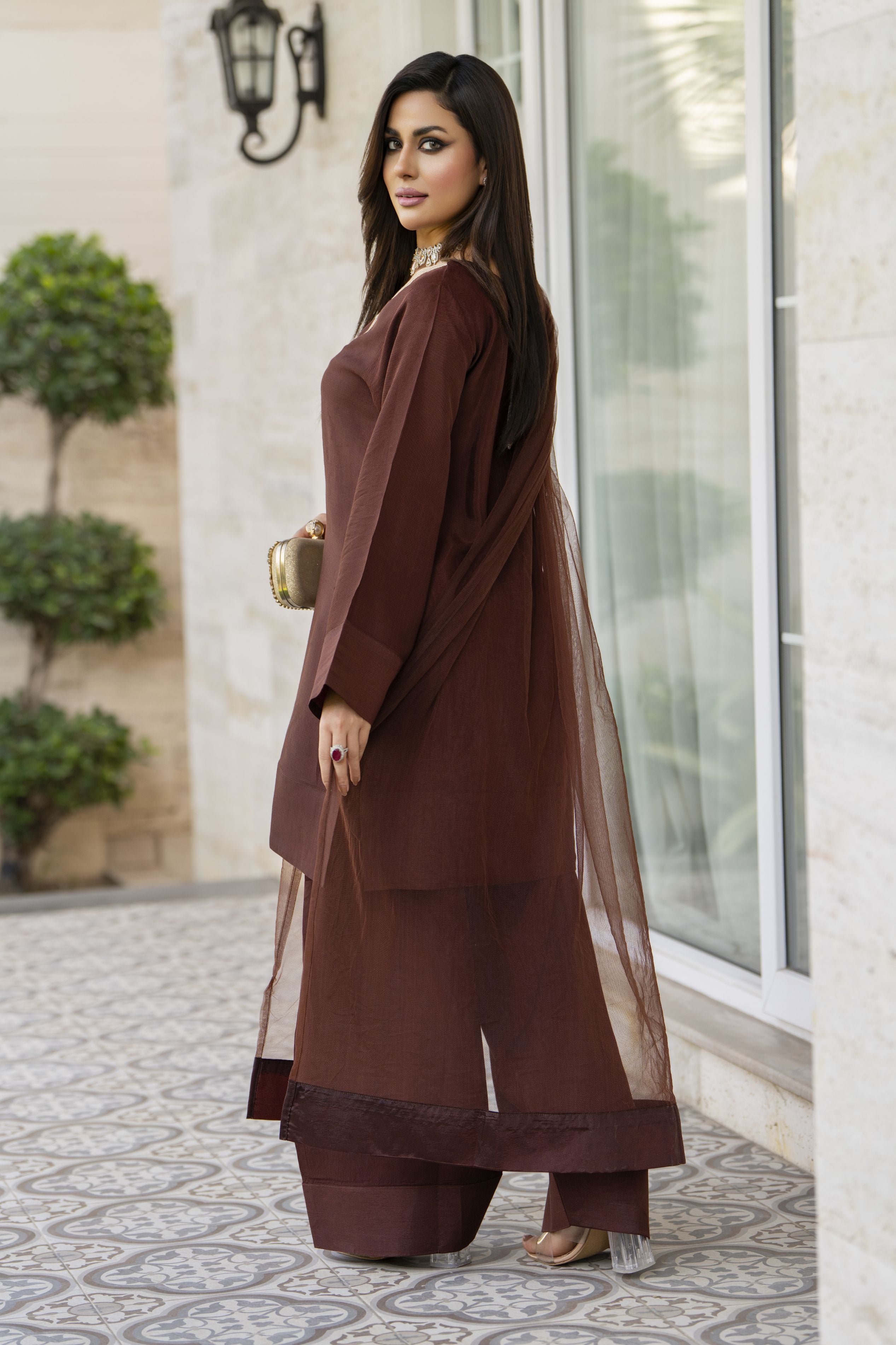 Mocha Brown Poly Raw Silk Farshi Set – Chand Sa Libaas by Aleezay | CSLA5