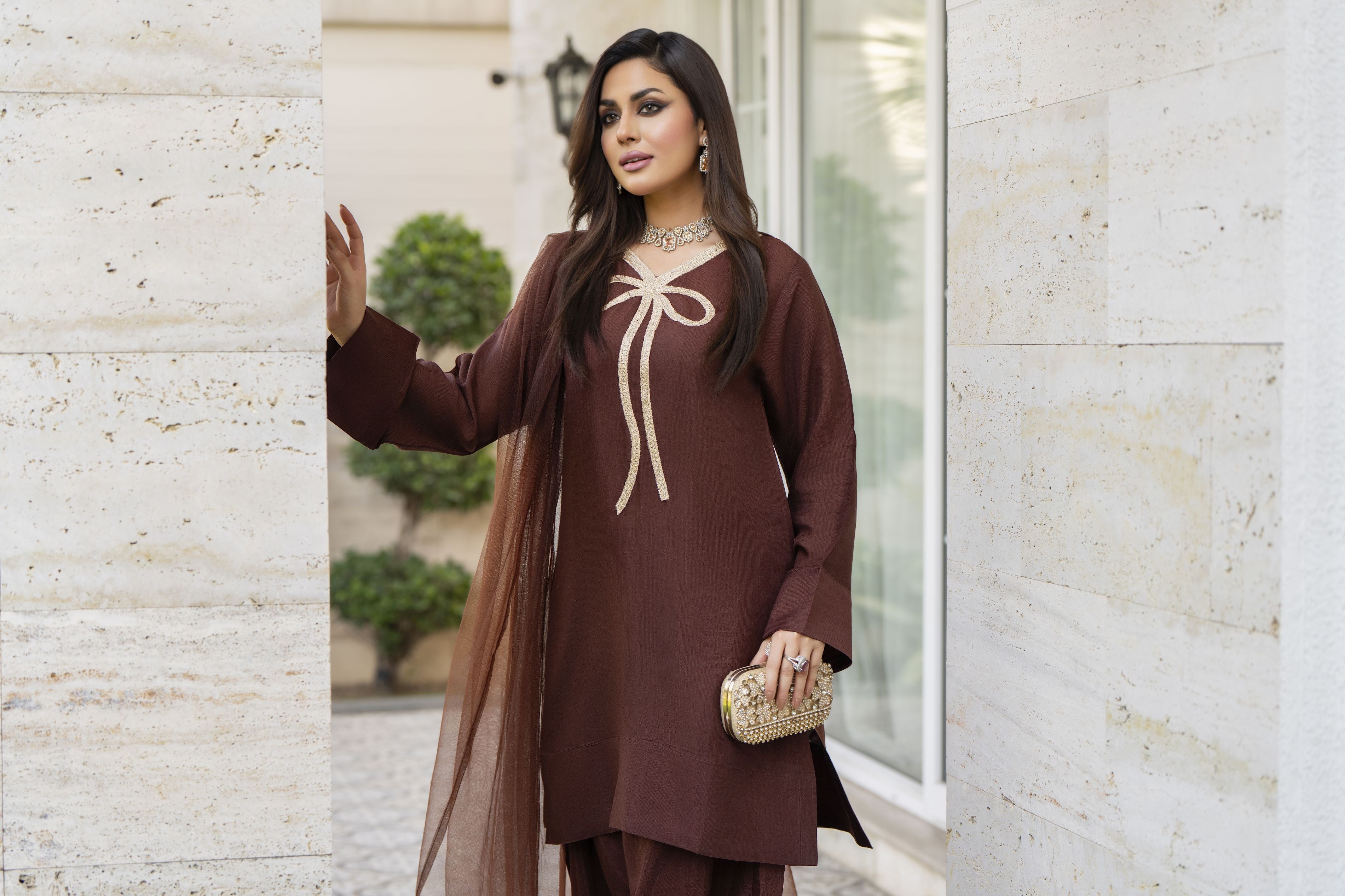 Mocha Brown Poly Raw Silk Farshi Set – Chand Sa Libaas by Aleezay | CSLA5