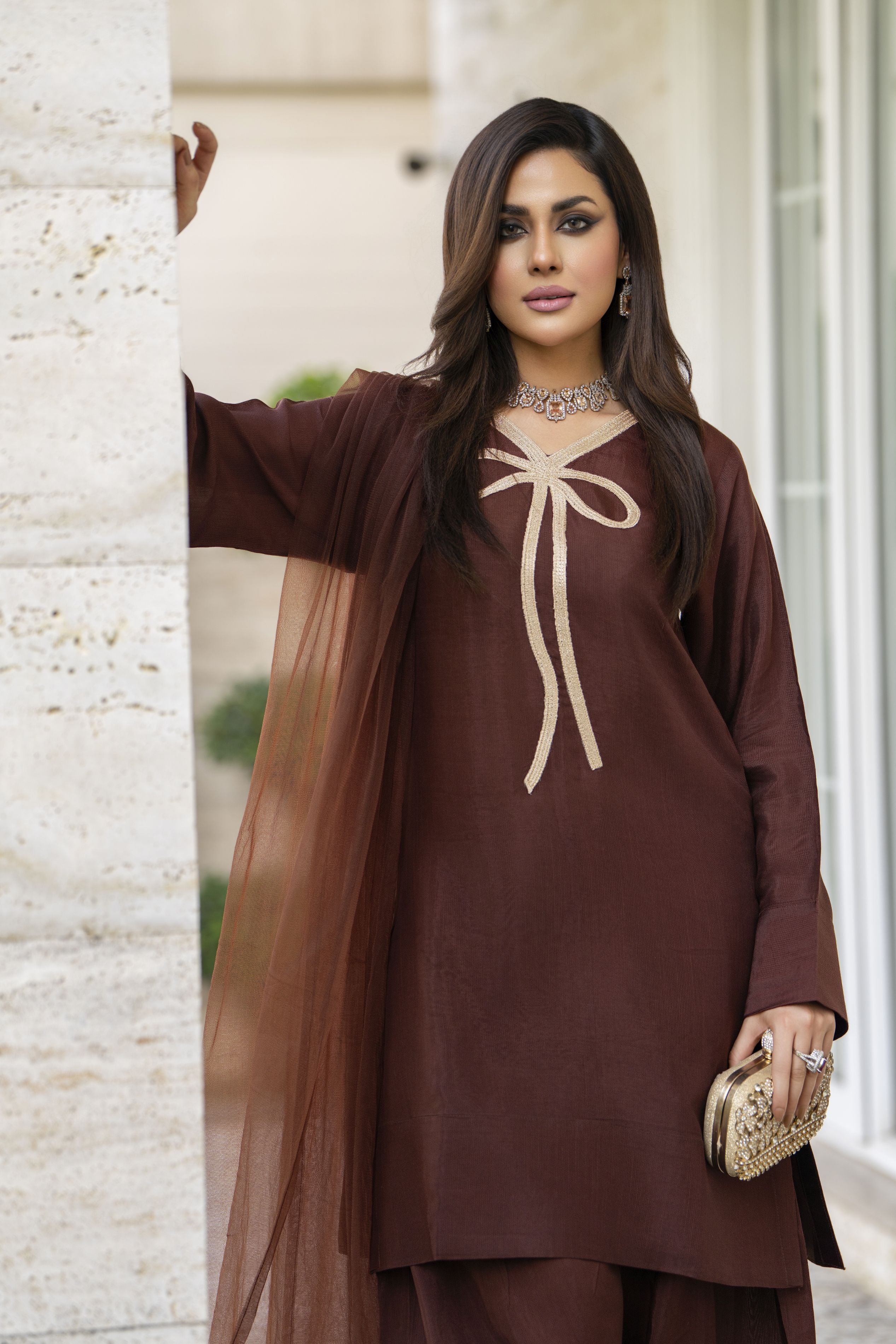 Mocha Brown Poly Raw Silk Farshi Set – Chand Sa Libaas by Aleezay | CSLA5
