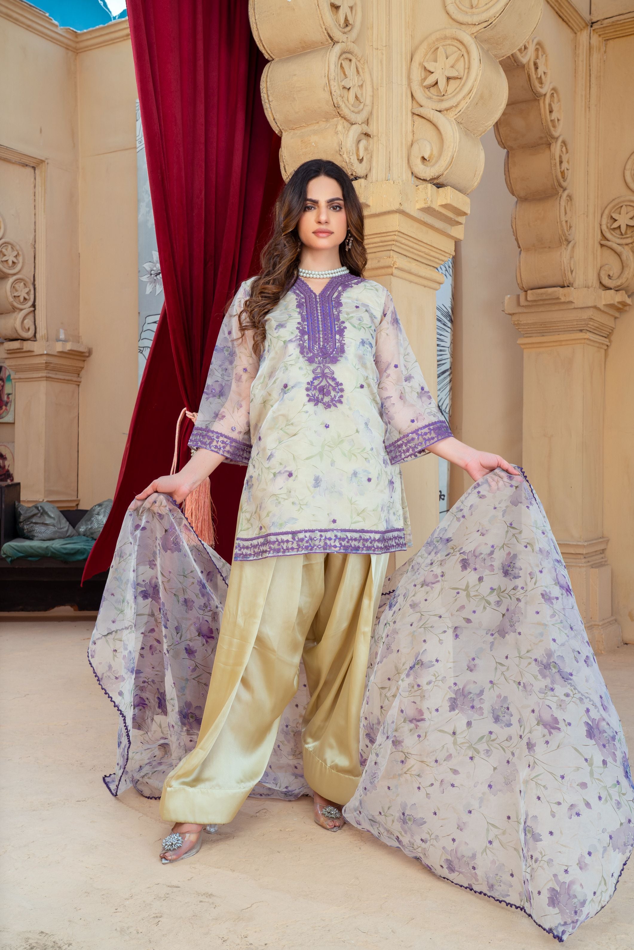 Floral Organza Shirt with Gold Silk Farshi Shalwar – RNK2 | Noorma Kamal