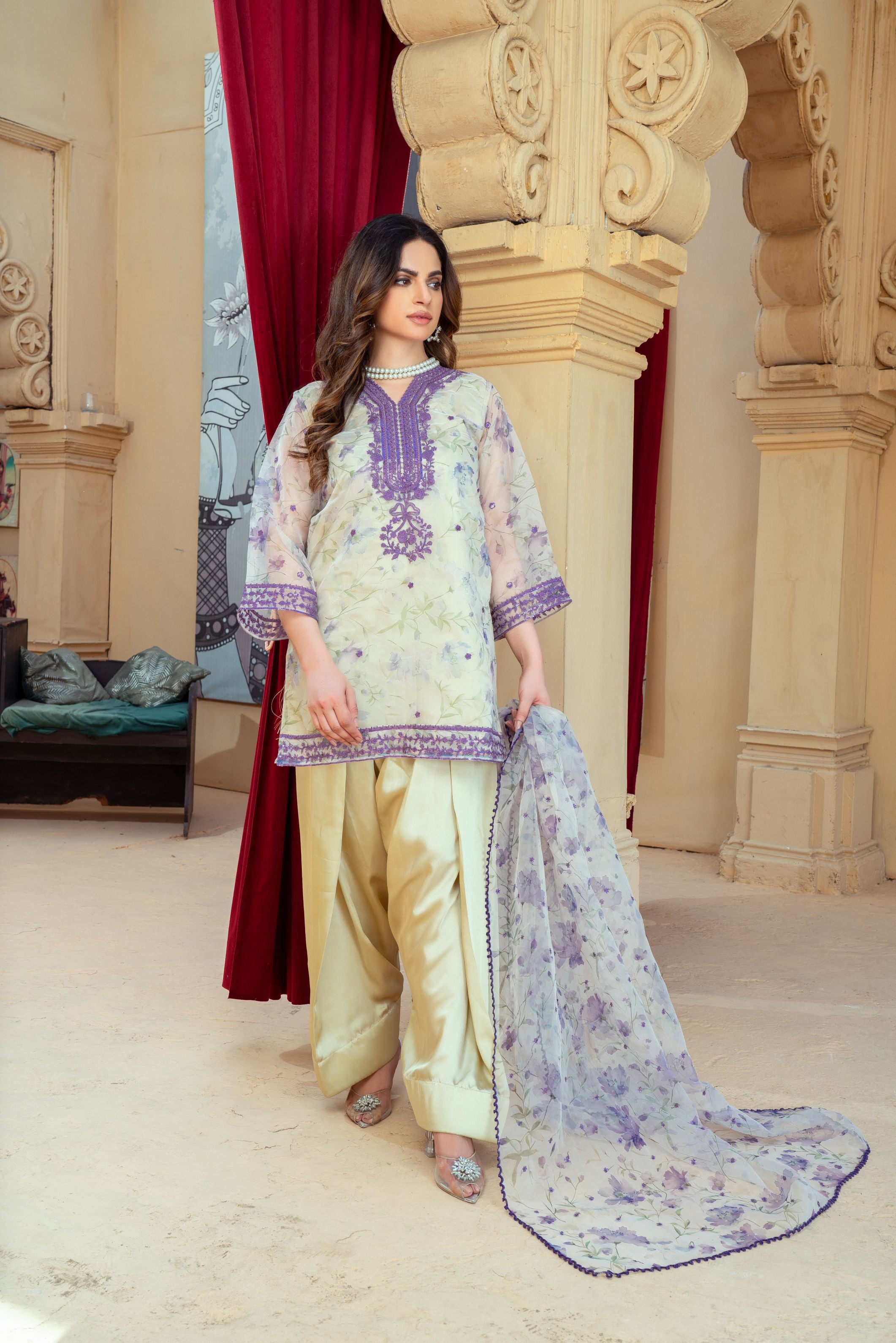 Floral Organza Shirt with Gold Silk Farshi Shalwar – RNK2 | Noorma Kamal