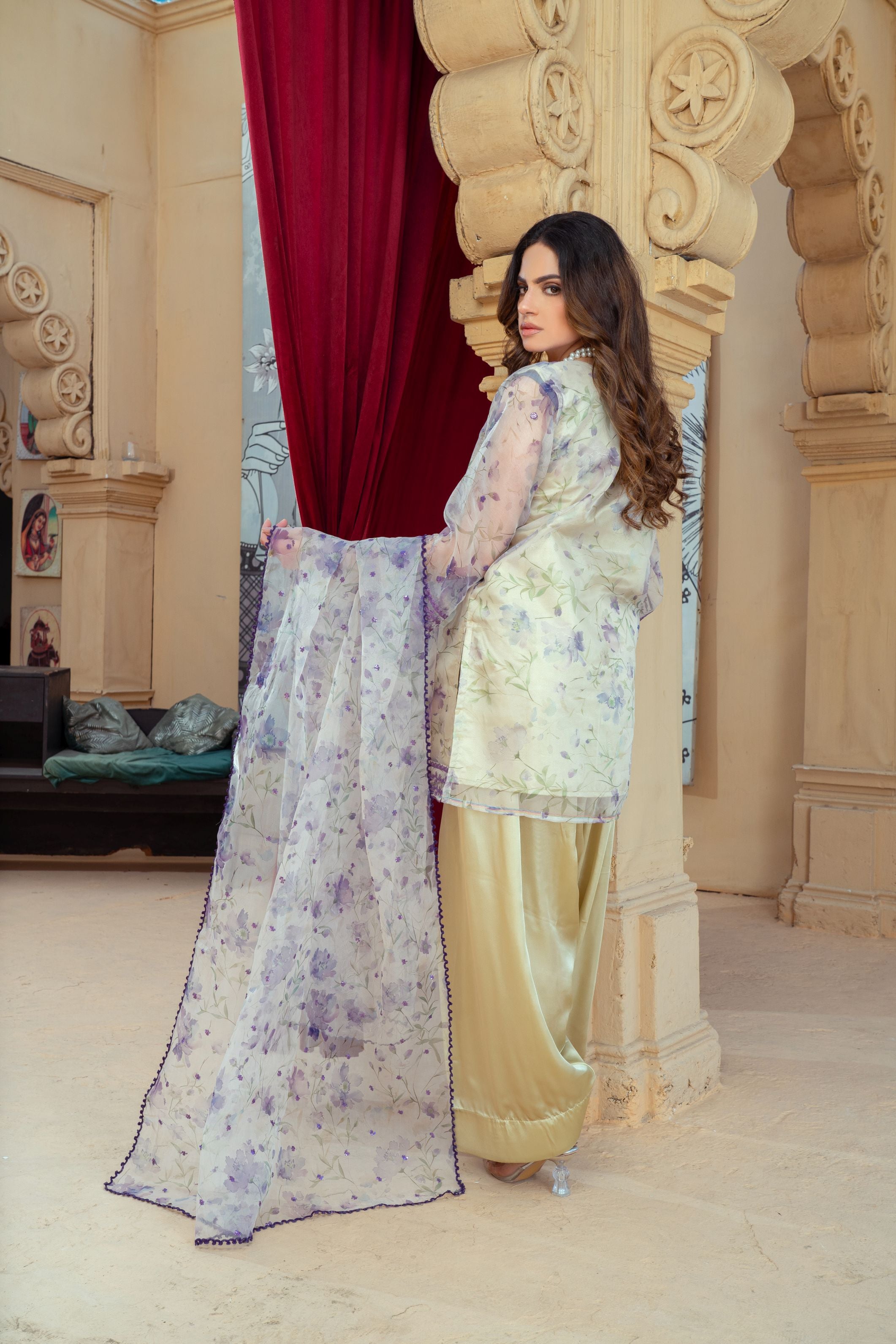 Floral Organza Shirt with Gold Silk Farshi Shalwar – RNK2 | Noorma Kamal